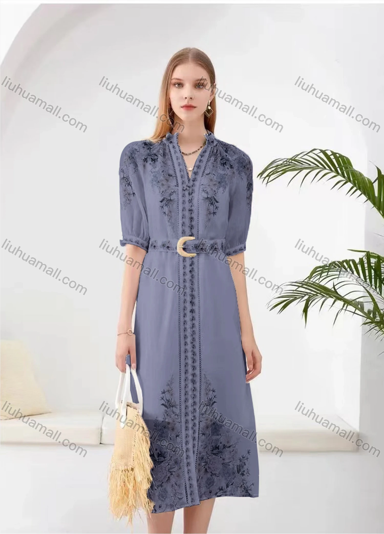 Wholesale Women's Elegant Floral Split Hem V Neck Half Sleeve Midi Dress With Belt - Liuhuamall