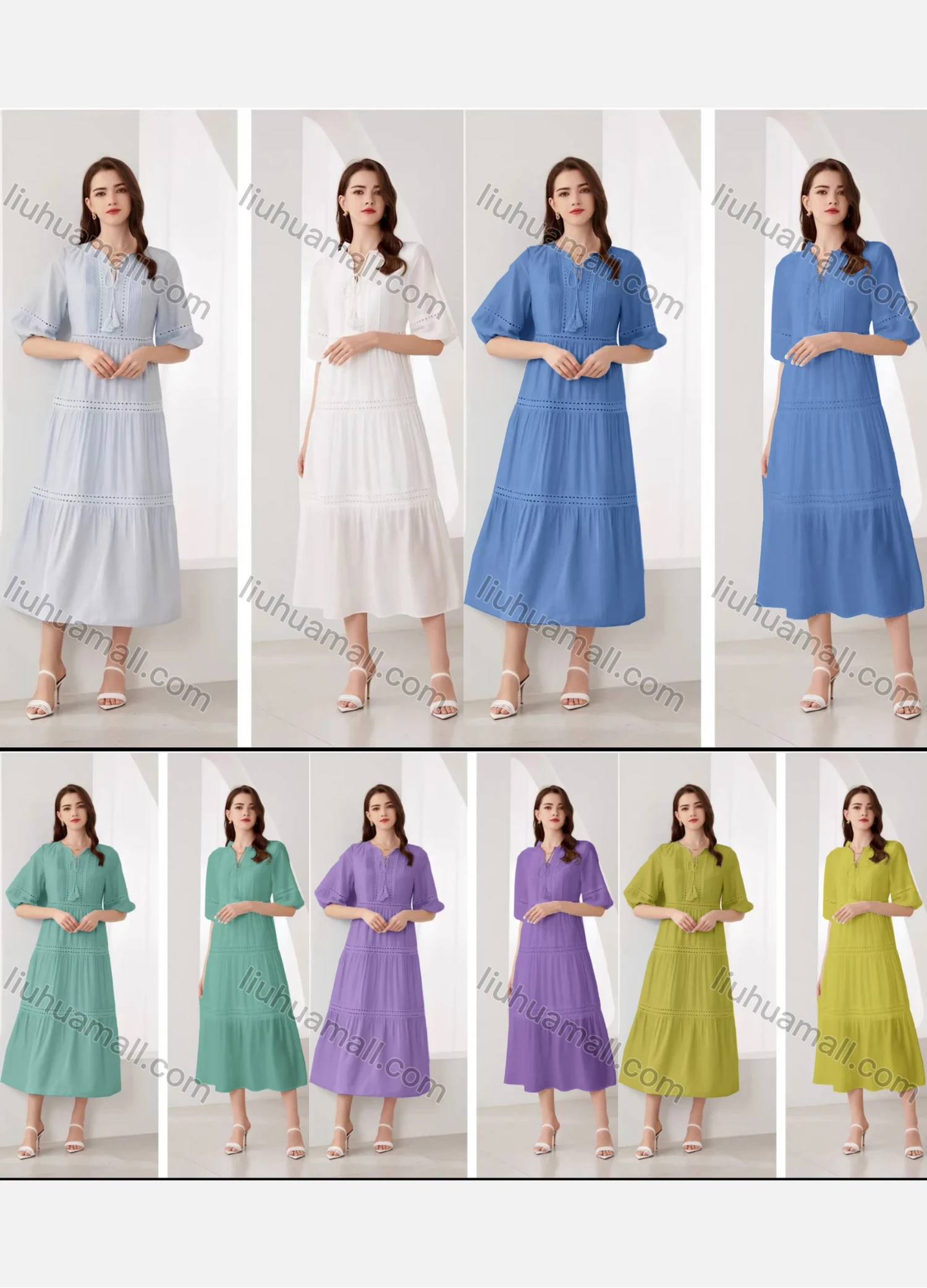 Wholesale Women's Elegant Plain Eyelet Embroidered Ruched Tie Neck Half Sleeve Midi Dress - Liuhuamall