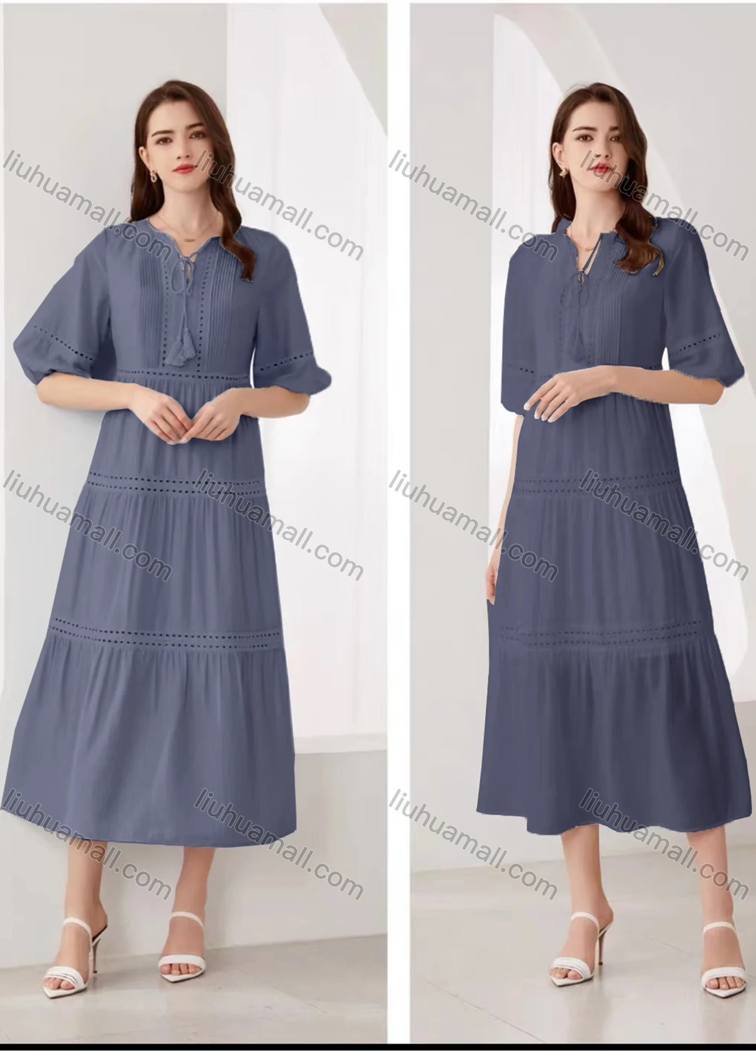 Wholesale Women's Elegant Plain Eyelet Embroidered Ruched Tie Neck Half Sleeve Midi Dress - Liuhuamall