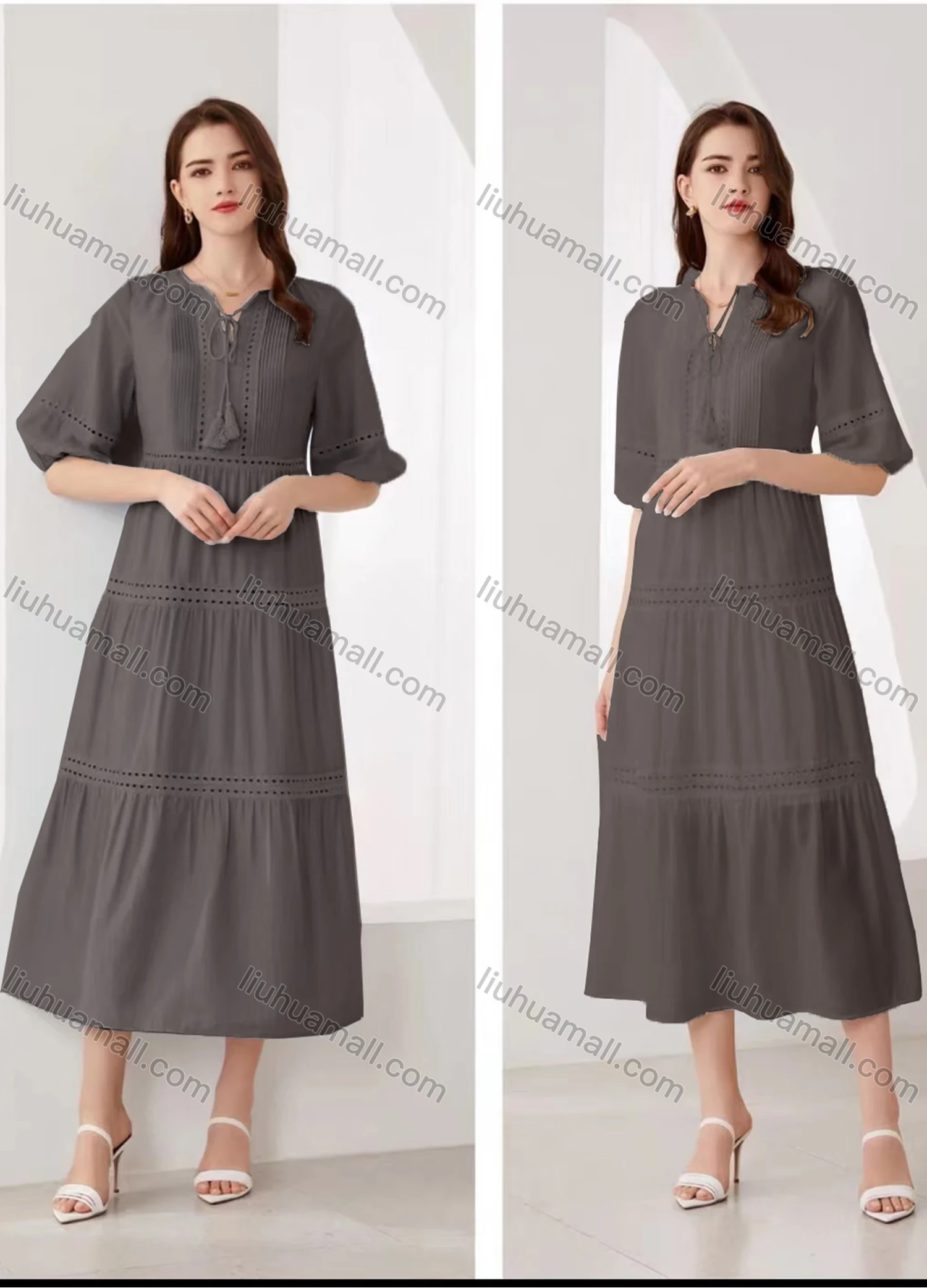 Wholesale Women's Elegant Plain Eyelet Embroidered Ruched Tie Neck Half Sleeve Midi Dress - Liuhuamall