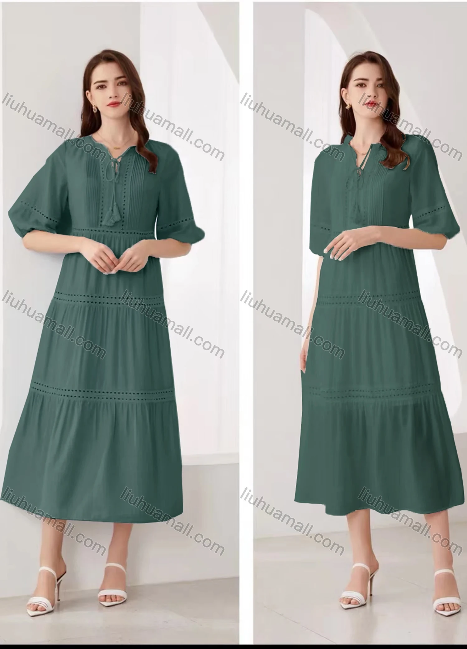 Wholesale Women's Elegant Plain Eyelet Embroidered Ruched Tie Neck Half Sleeve Midi Dress - Liuhuamall