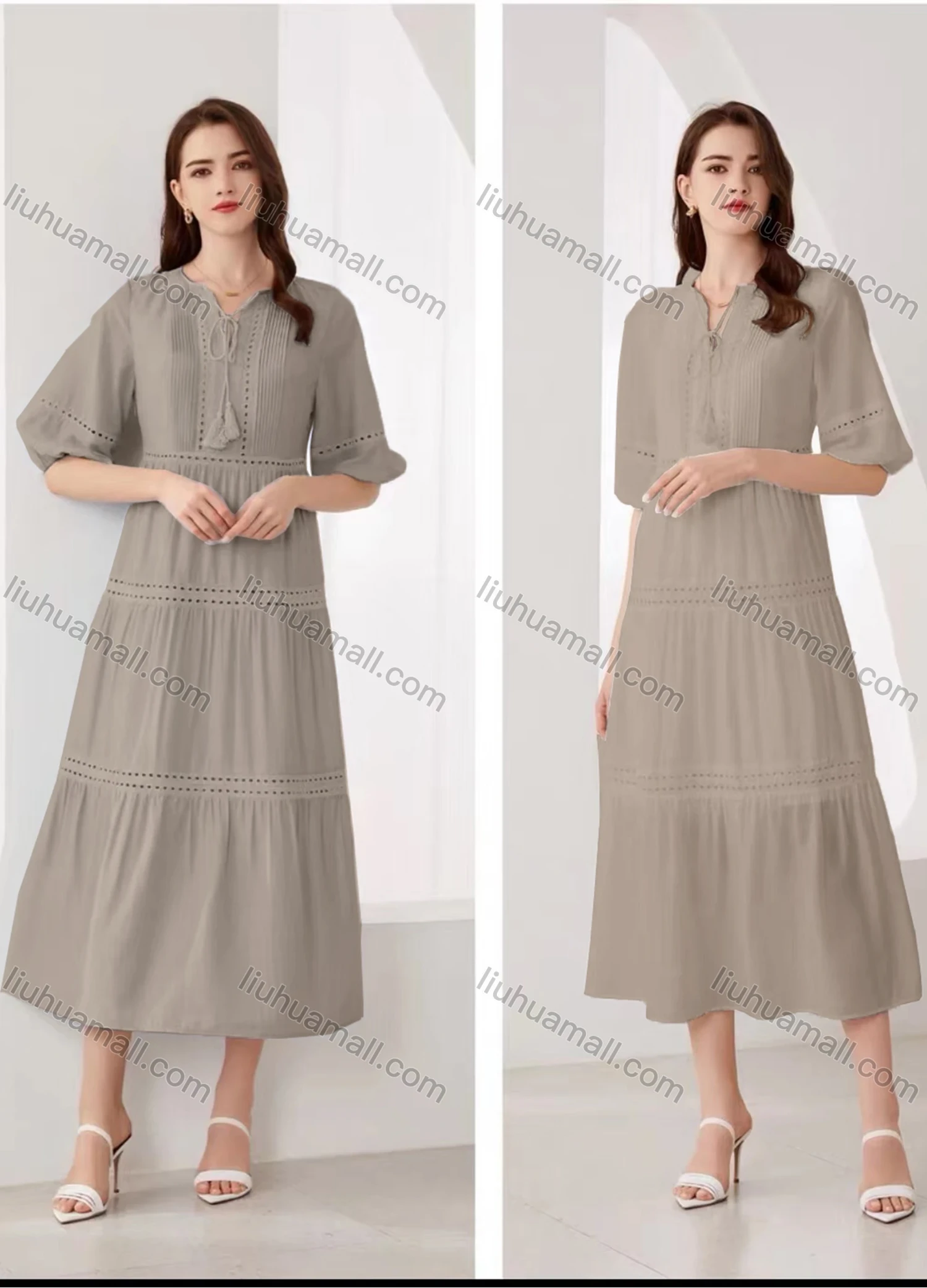 Wholesale Women's Elegant Plain Eyelet Embroidered Ruched Tie Neck Half Sleeve Midi Dress - Liuhuamall