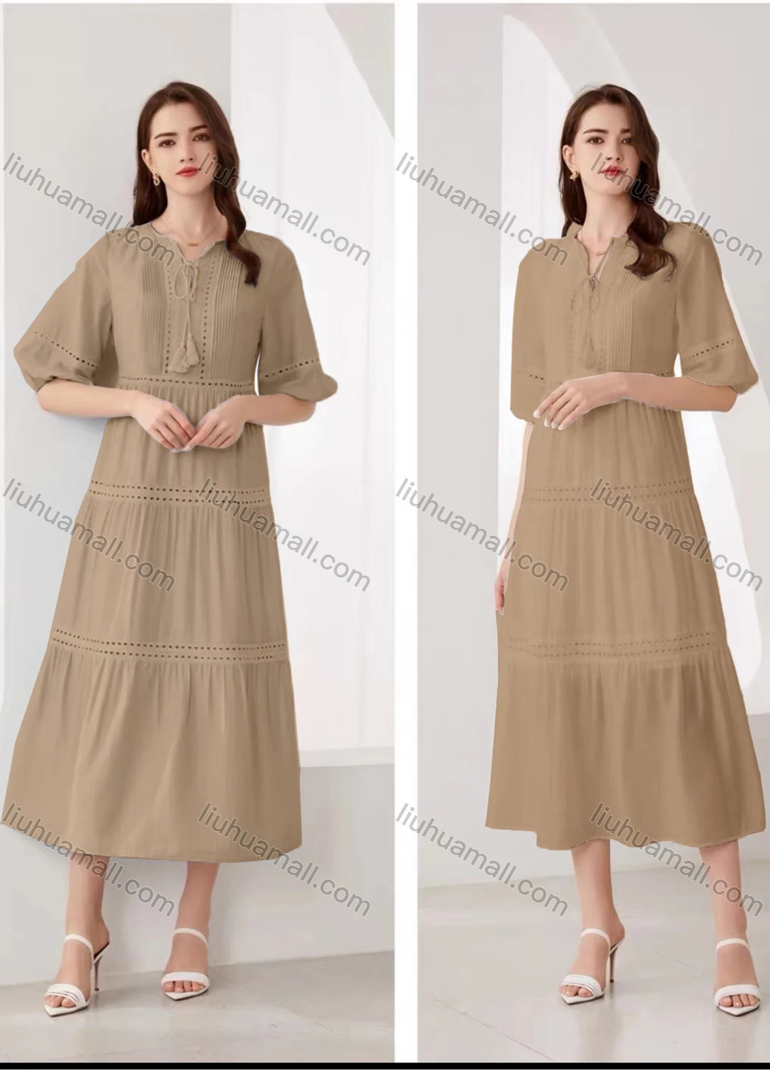 Wholesale Women's Elegant Plain Eyelet Embroidered Ruched Tie Neck Half Sleeve Midi Dress - Liuhuamall