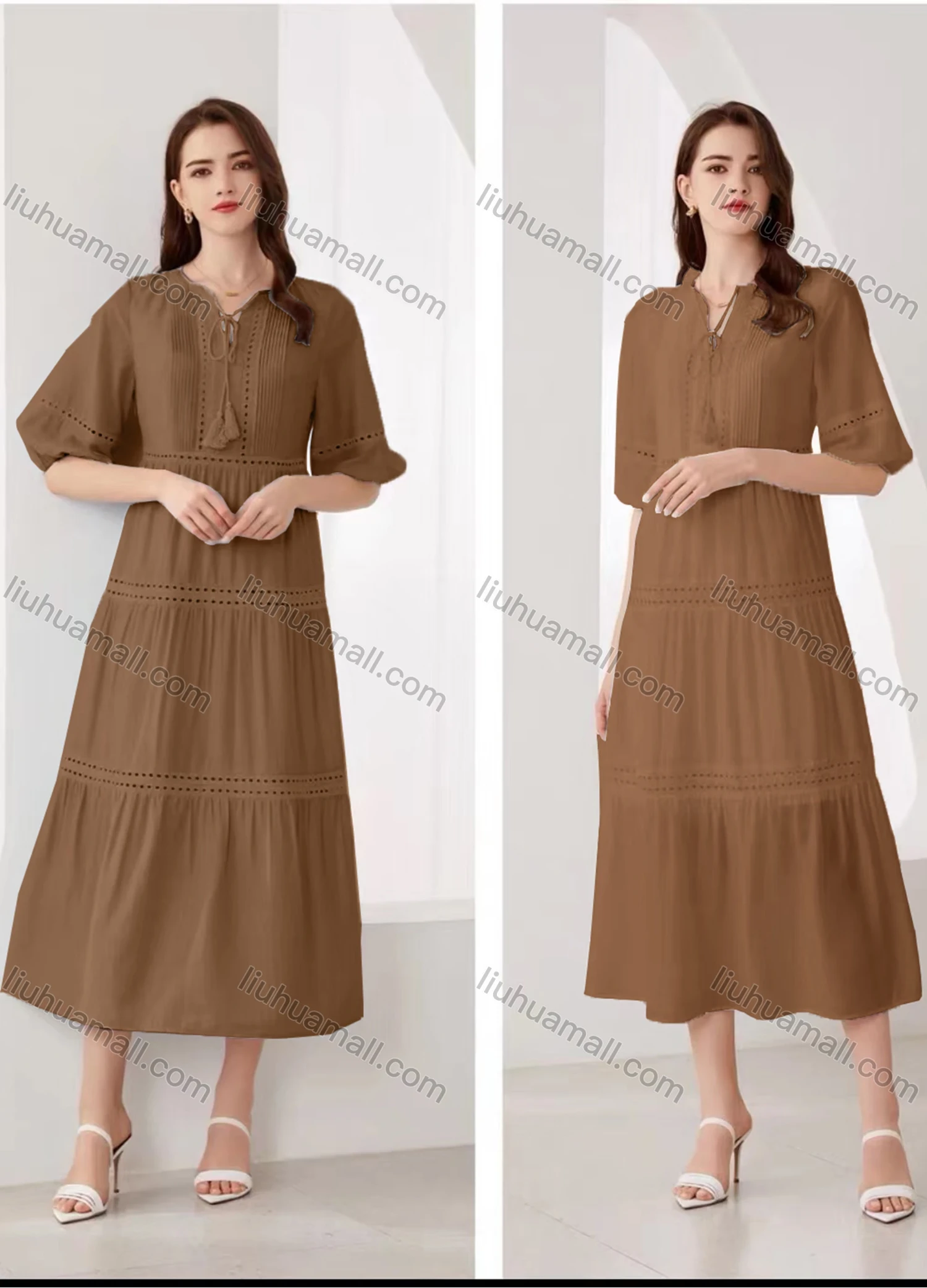 Wholesale Women's Elegant Plain Eyelet Embroidered Ruched Tie Neck Half Sleeve Midi Dress - Liuhuamall
