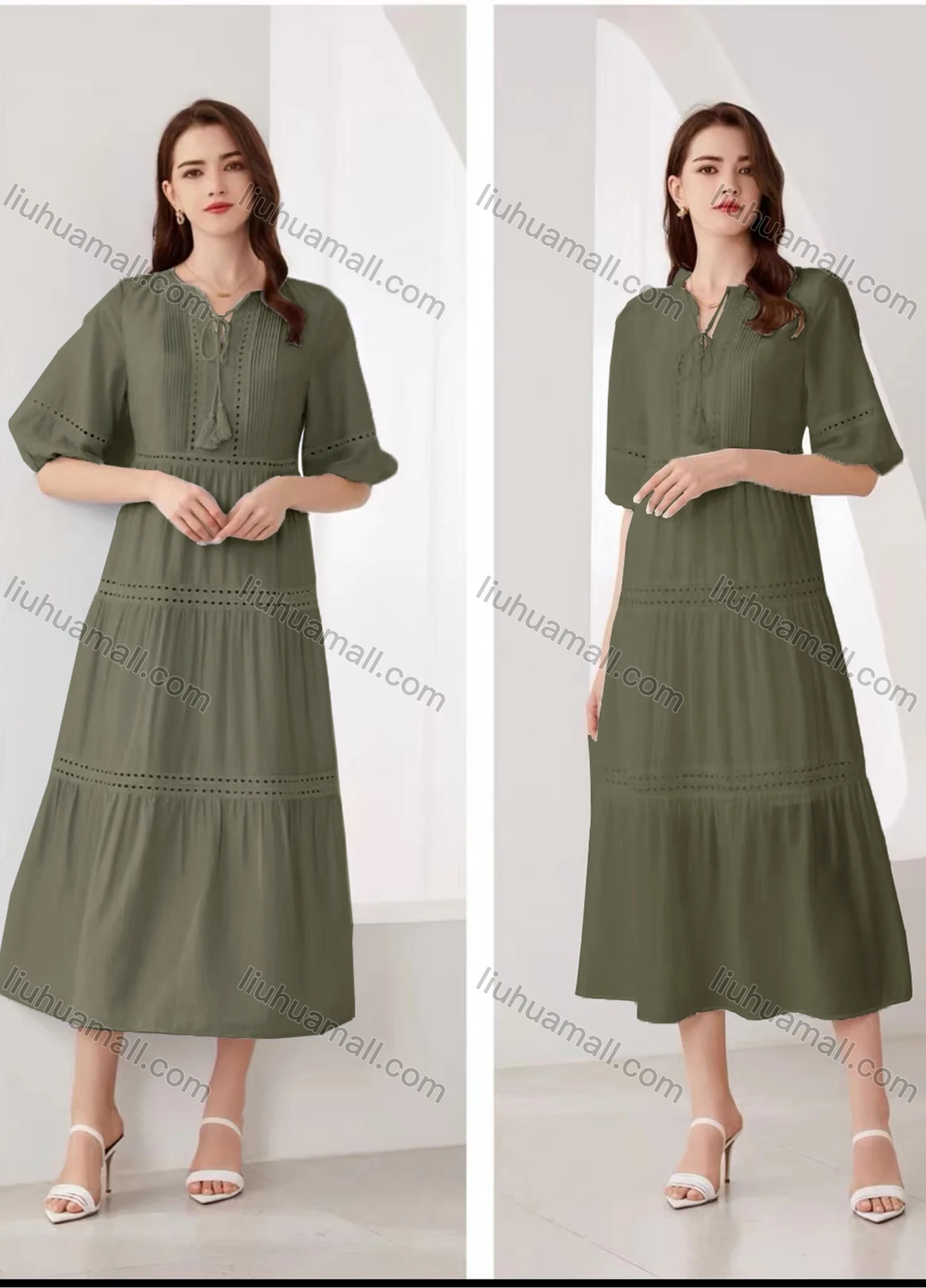 Wholesale Women's Elegant Plain Eyelet Embroidered Ruched Tie Neck Half Sleeve Midi Dress - Liuhuamall