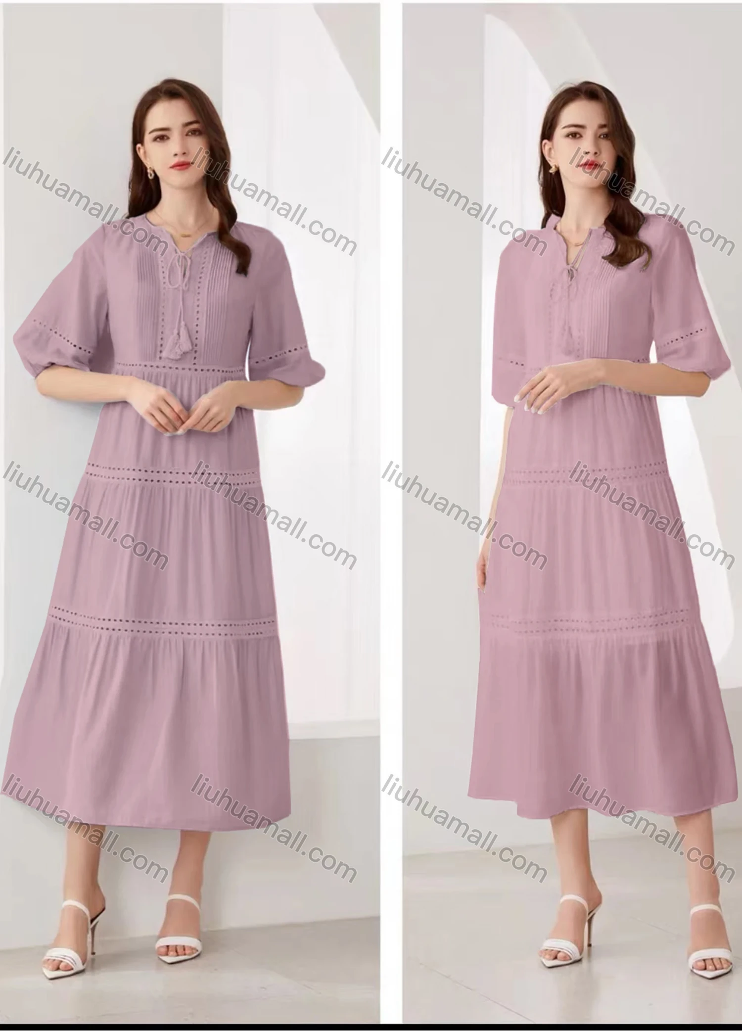 Wholesale Women's Elegant Plain Eyelet Embroidered Ruched Tie Neck Half Sleeve Midi Dress - Liuhuamall