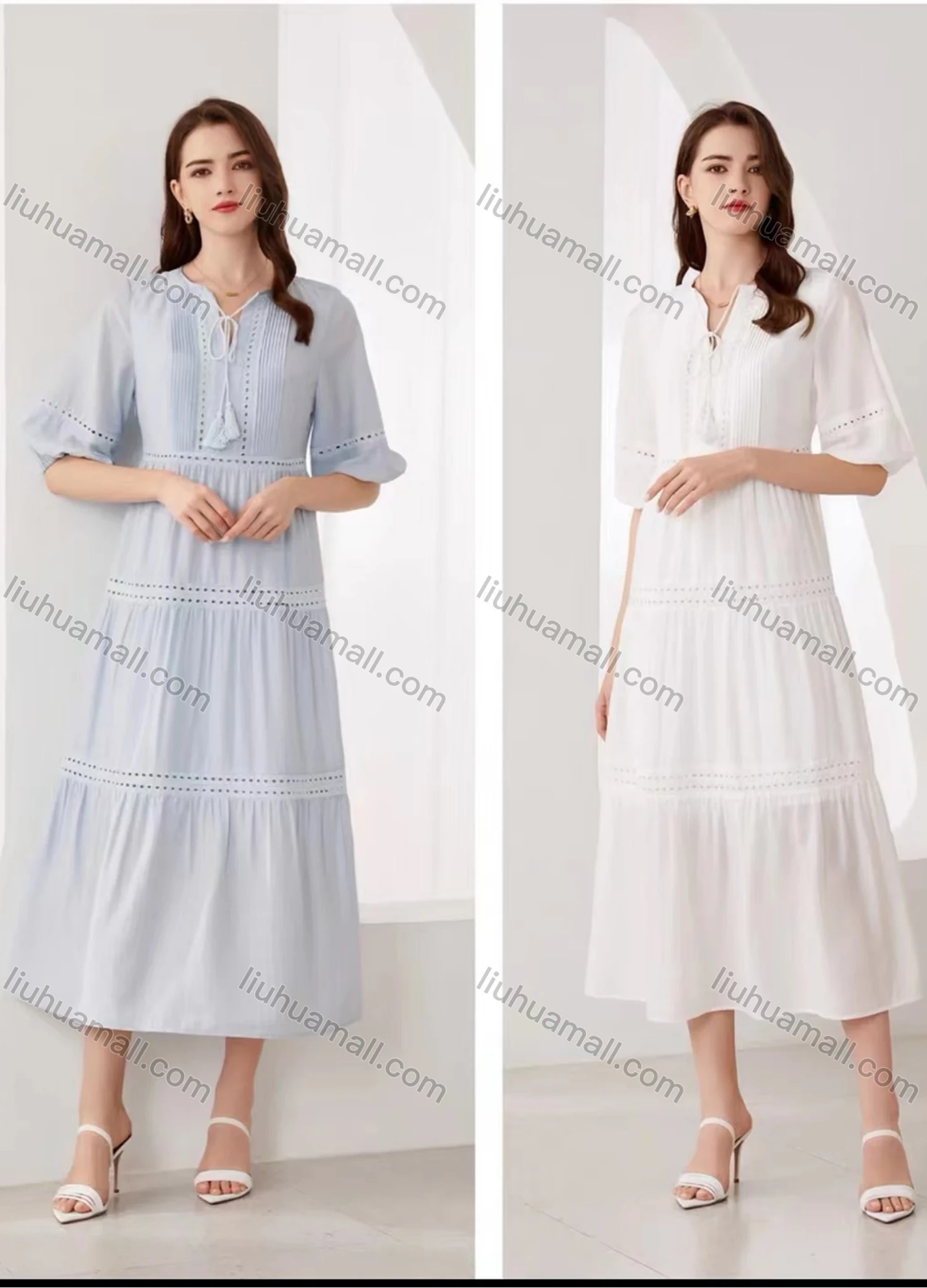Wholesale Women's Elegant Plain Eyelet Embroidered Ruched Tie Neck Half Sleeve Midi Dress - Liuhuamall