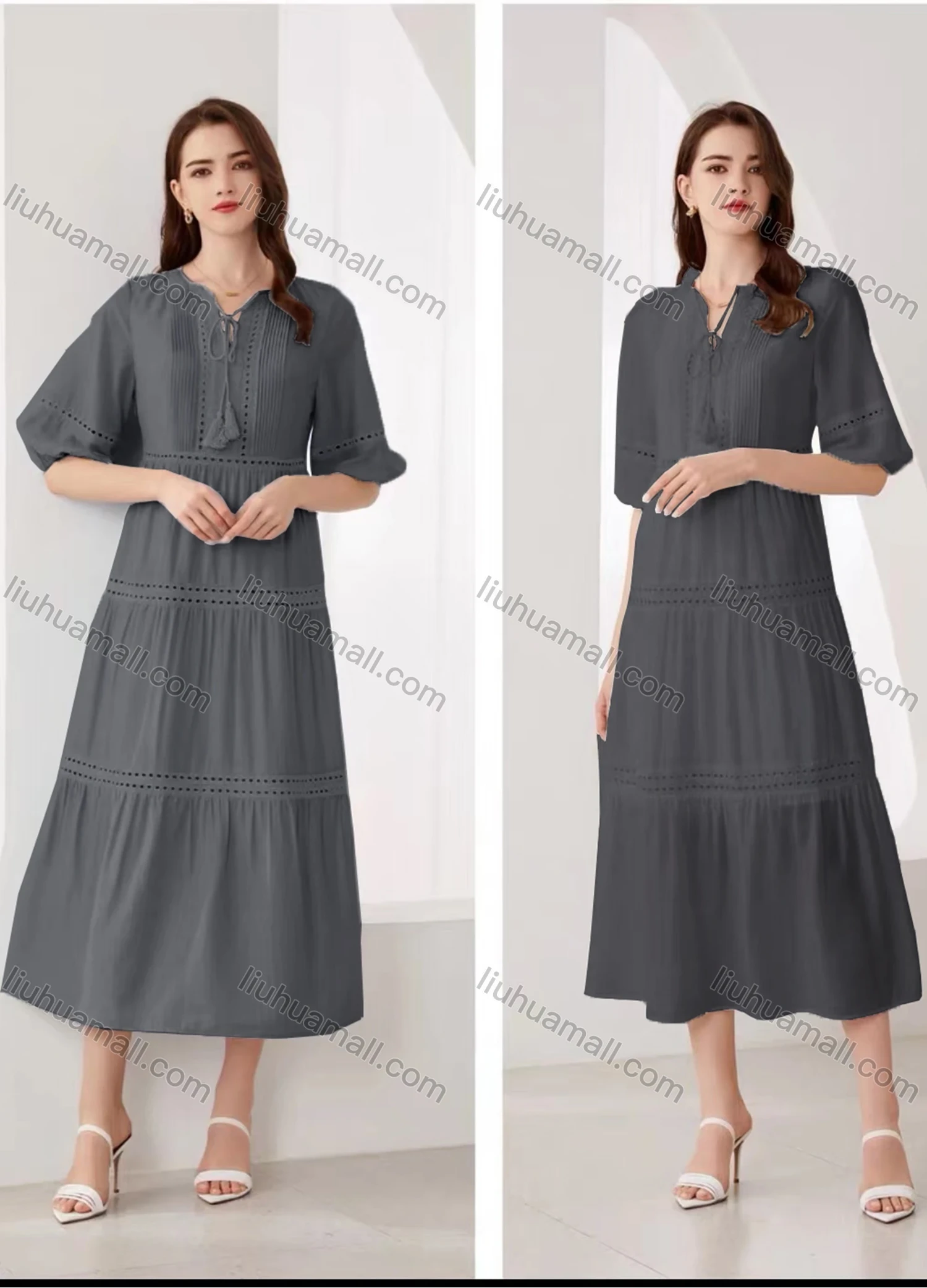 Wholesale Women's Elegant Plain Eyelet Embroidered Ruched Tie Neck Half Sleeve Midi Dress - Liuhuamall