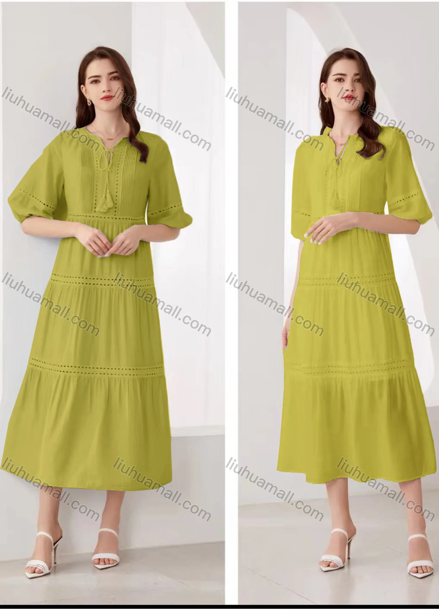 Wholesale Women's Elegant Plain Eyelet Embroidered Ruched Tie Neck Half Sleeve Midi Dress - Liuhuamall