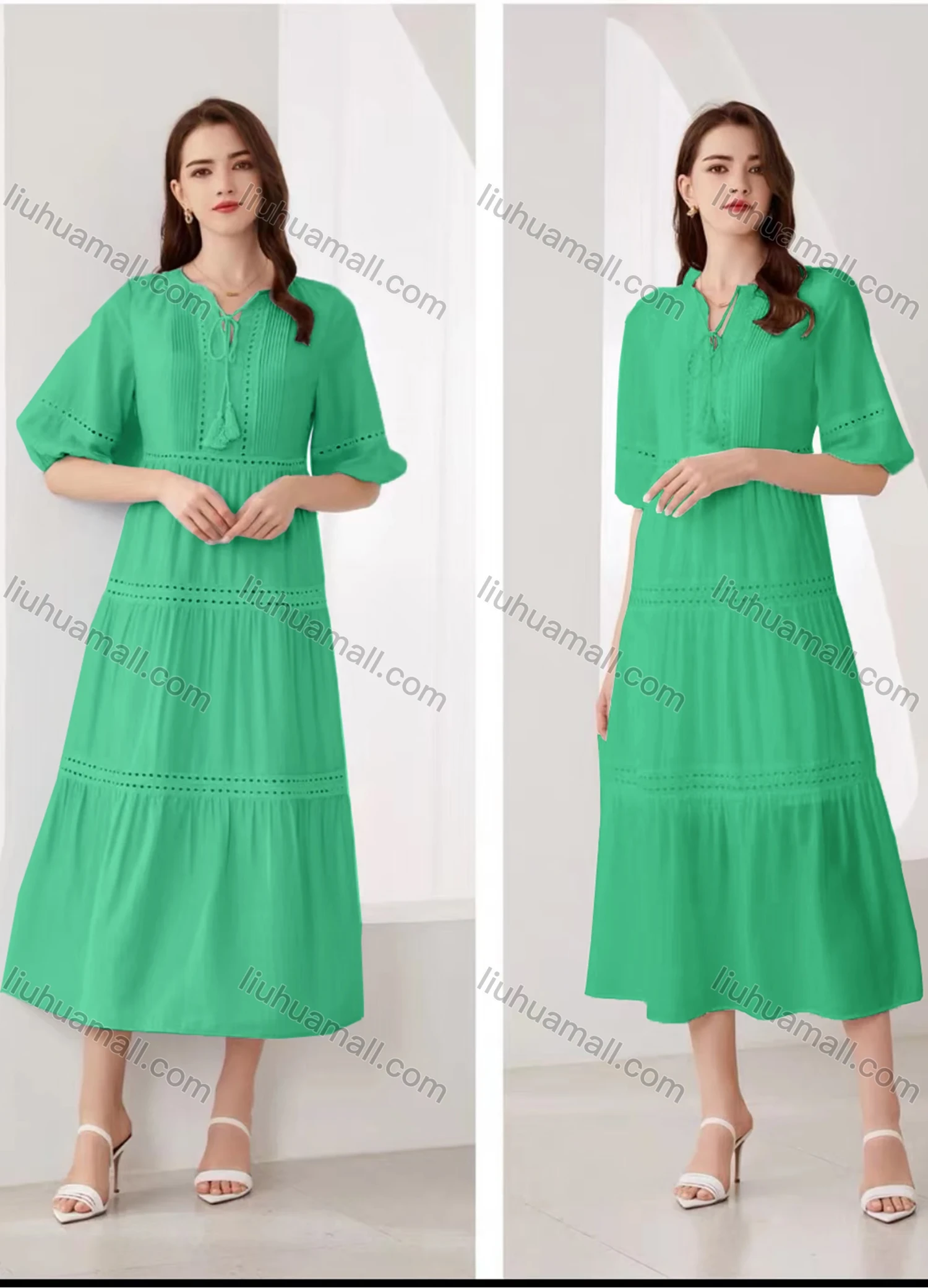 Wholesale Women's Elegant Plain Eyelet Embroidered Ruched Tie Neck Half Sleeve Midi Dress - Liuhuamall