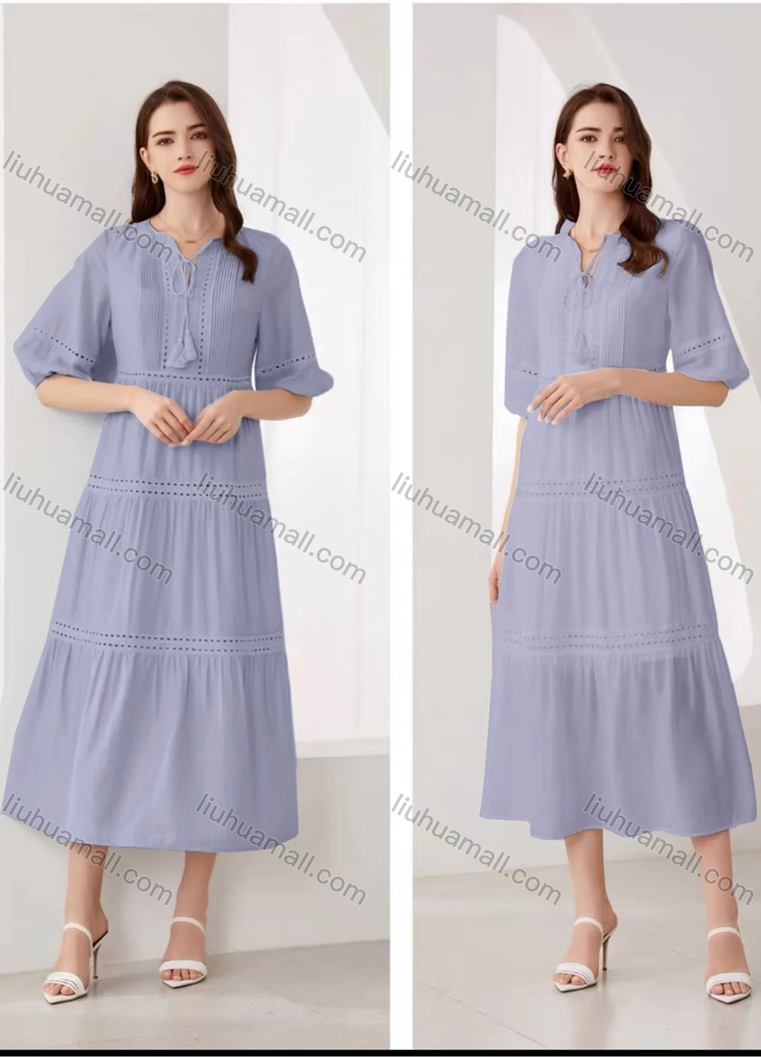 Wholesale Women's Elegant Plain Eyelet Embroidered Ruched Tie Neck Half Sleeve Midi Dress - Liuhuamall