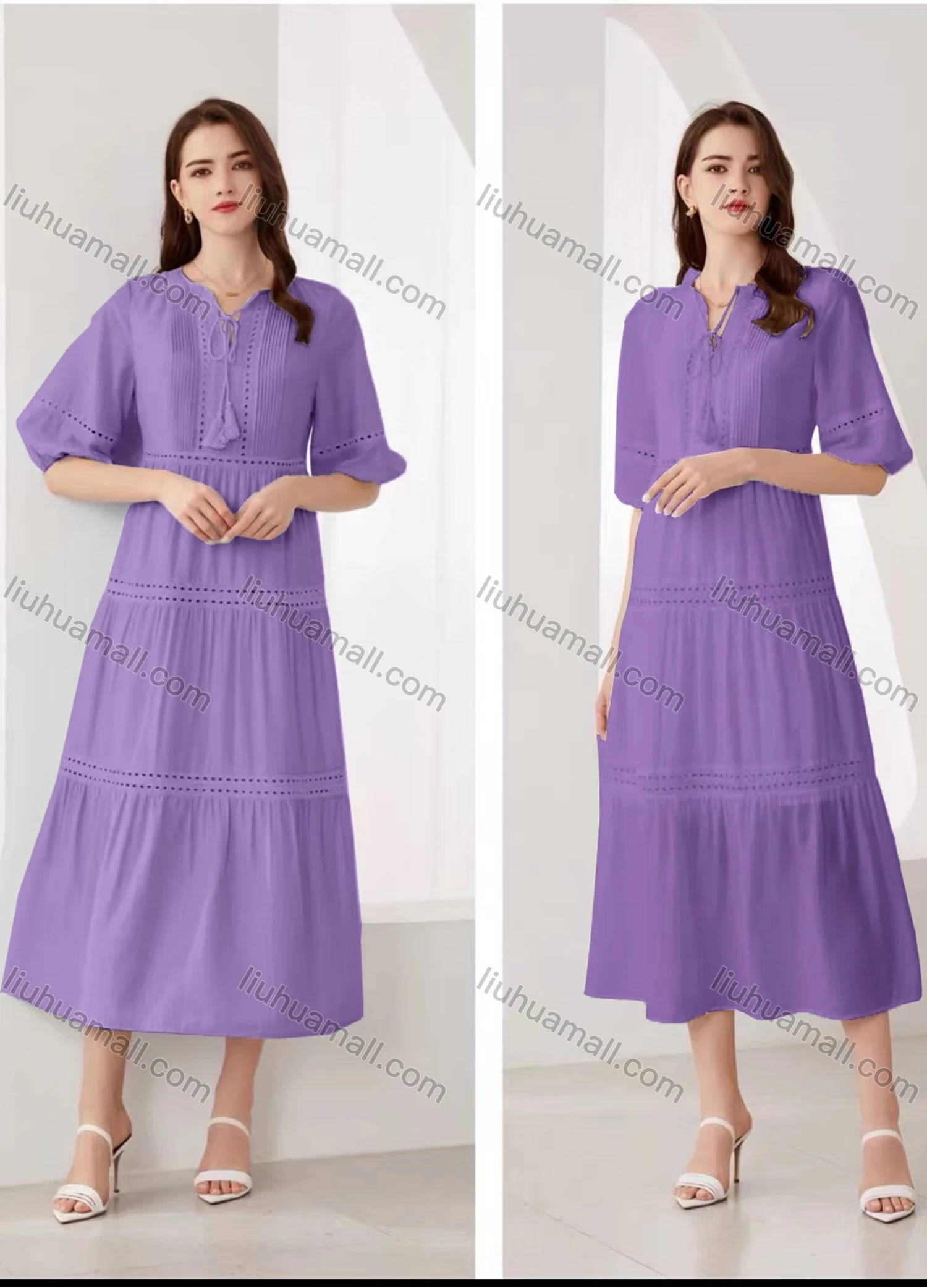 Wholesale Women's Elegant Plain Eyelet Embroidered Ruched Tie Neck Half Sleeve Midi Dress - Liuhuamall