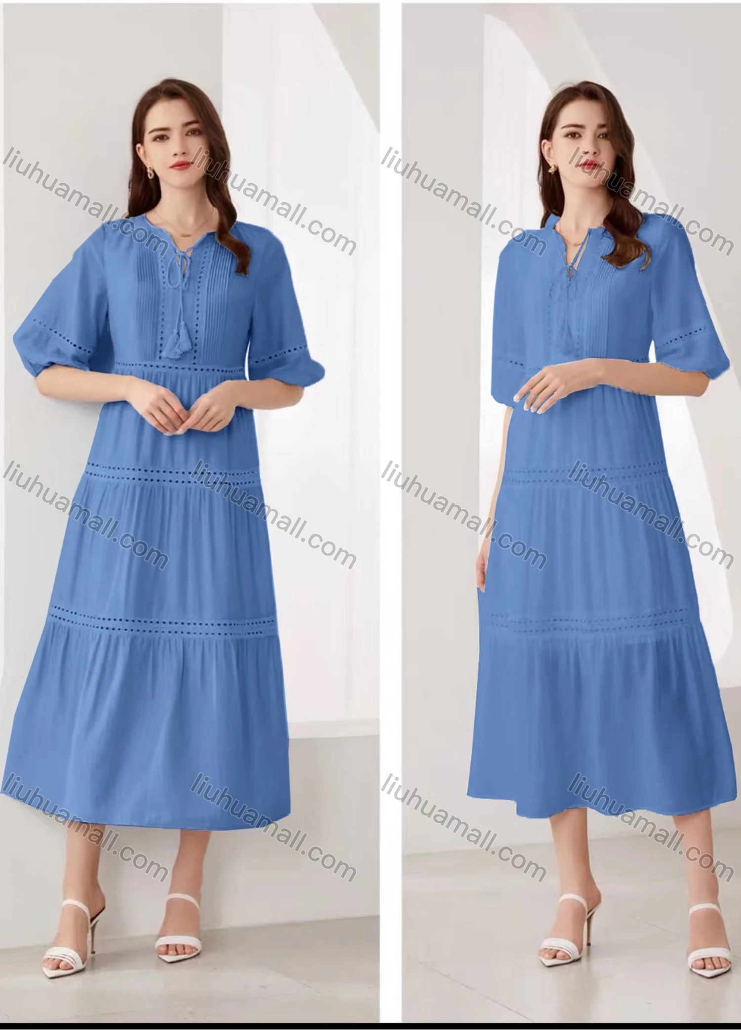 Wholesale Women's Elegant Plain Eyelet Embroidered Ruched Tie Neck Half Sleeve Midi Dress - Liuhuamall