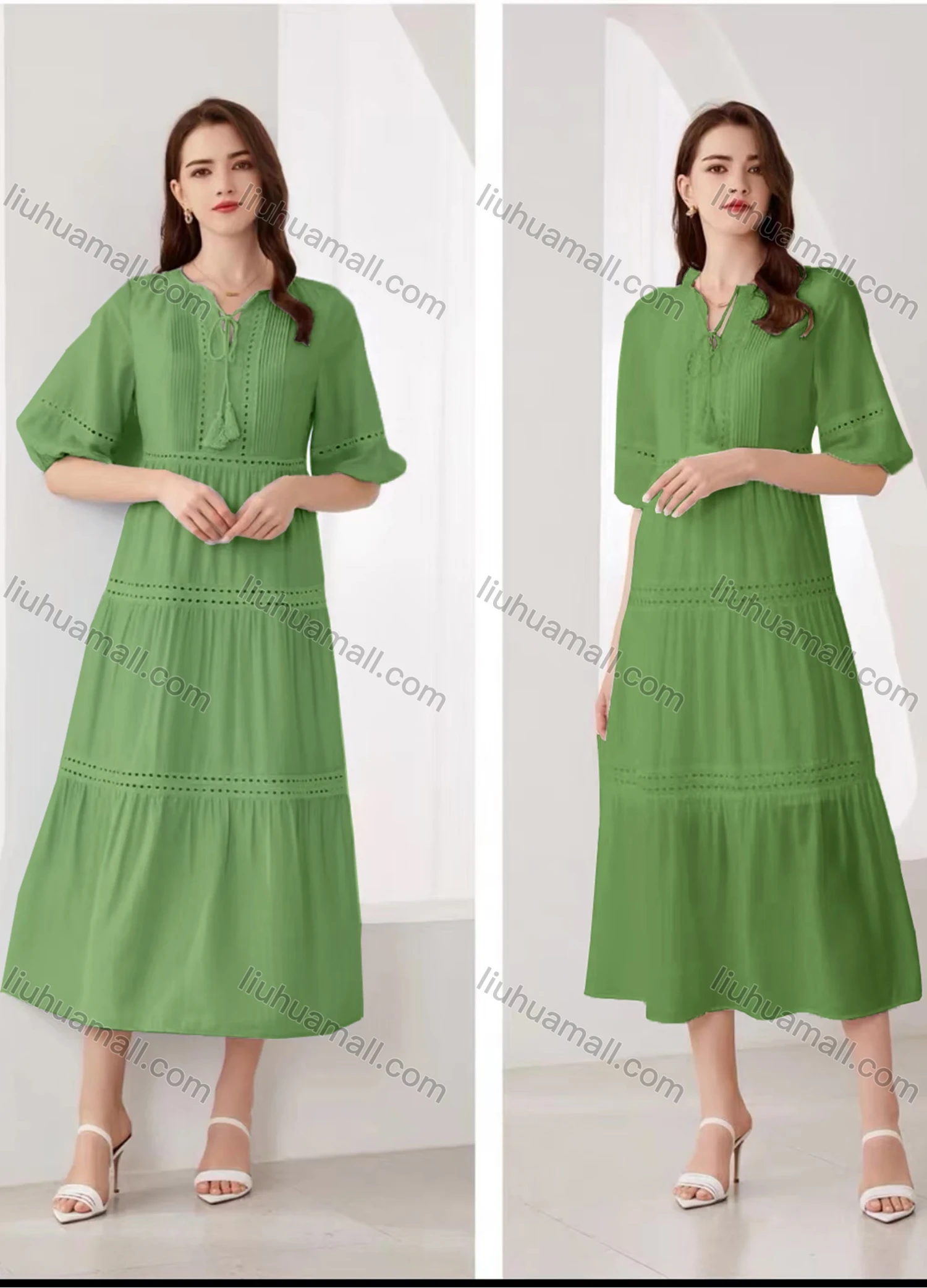 Wholesale Women's Elegant Plain Eyelet Embroidered Ruched Tie Neck Half Sleeve Midi Dress - Liuhuamall