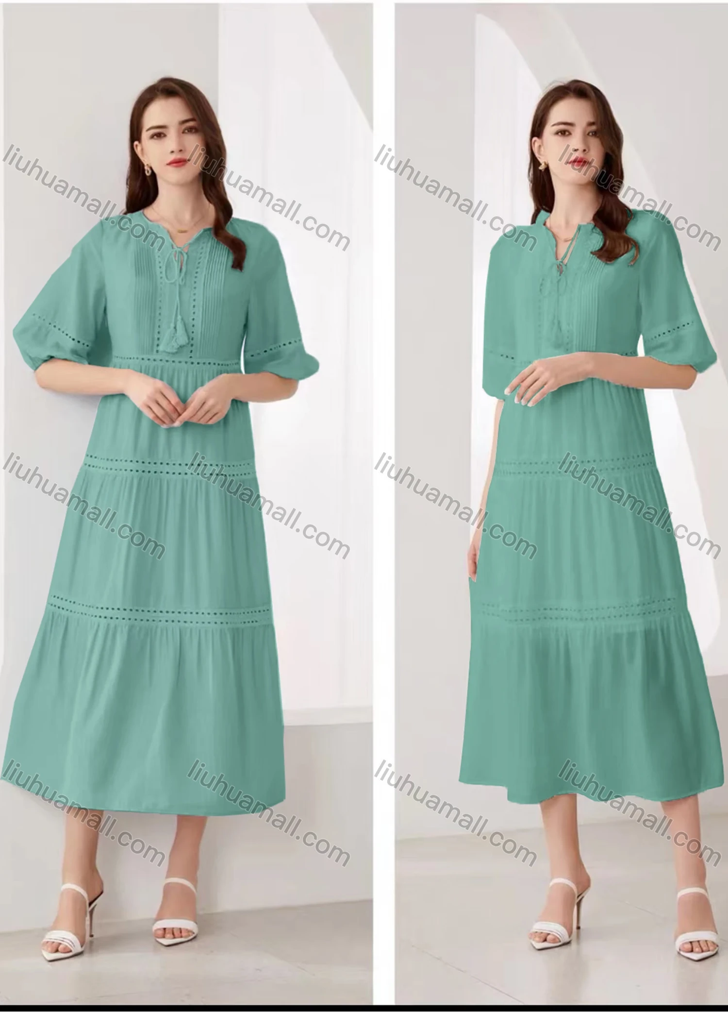 Wholesale Women's Elegant Plain Eyelet Embroidered Ruched Tie Neck Half Sleeve Midi Dress - Liuhuamall