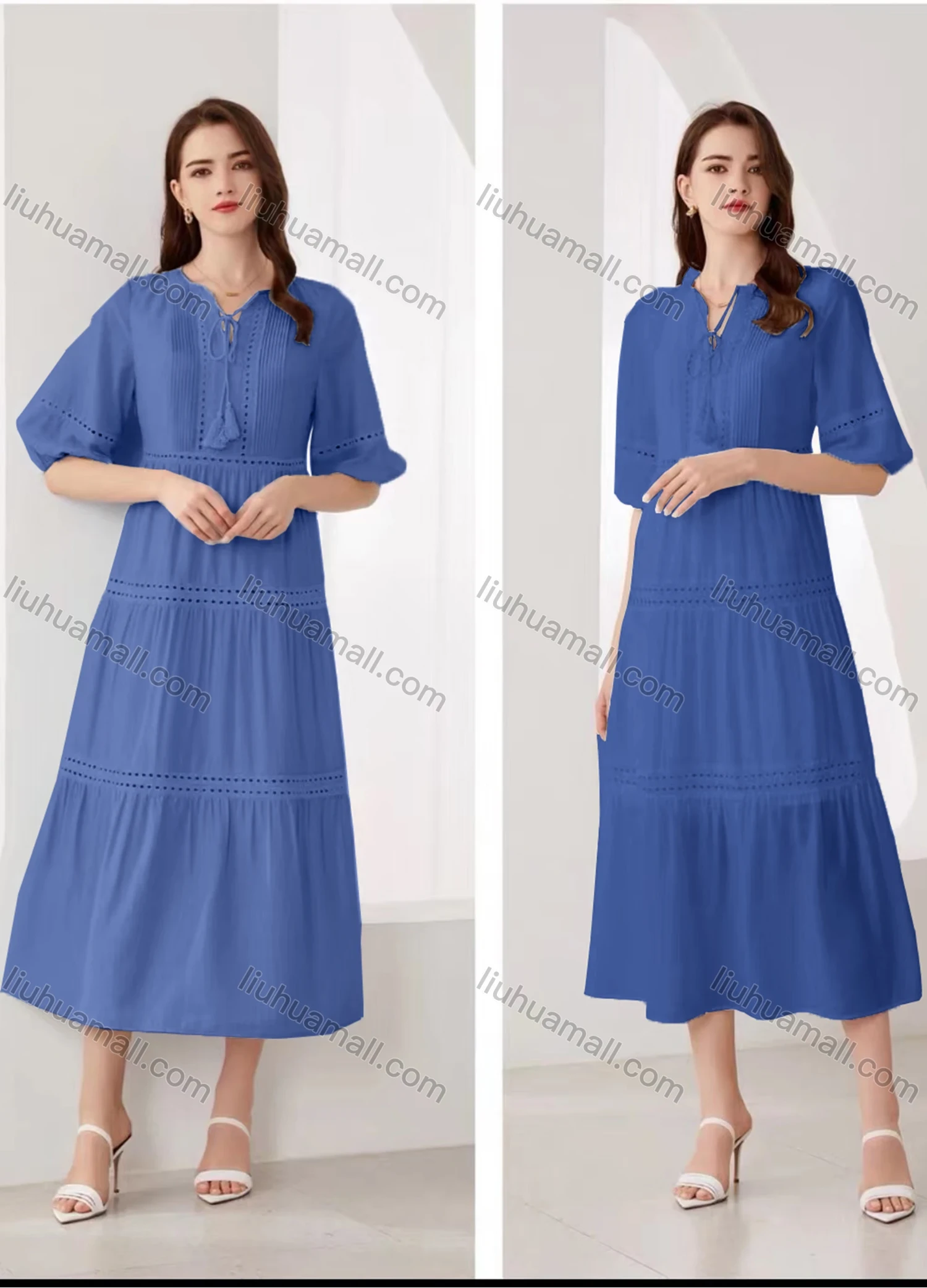 Wholesale Women's Elegant Plain Eyelet Embroidered Ruched Tie Neck Half Sleeve Midi Dress - Liuhuamall
