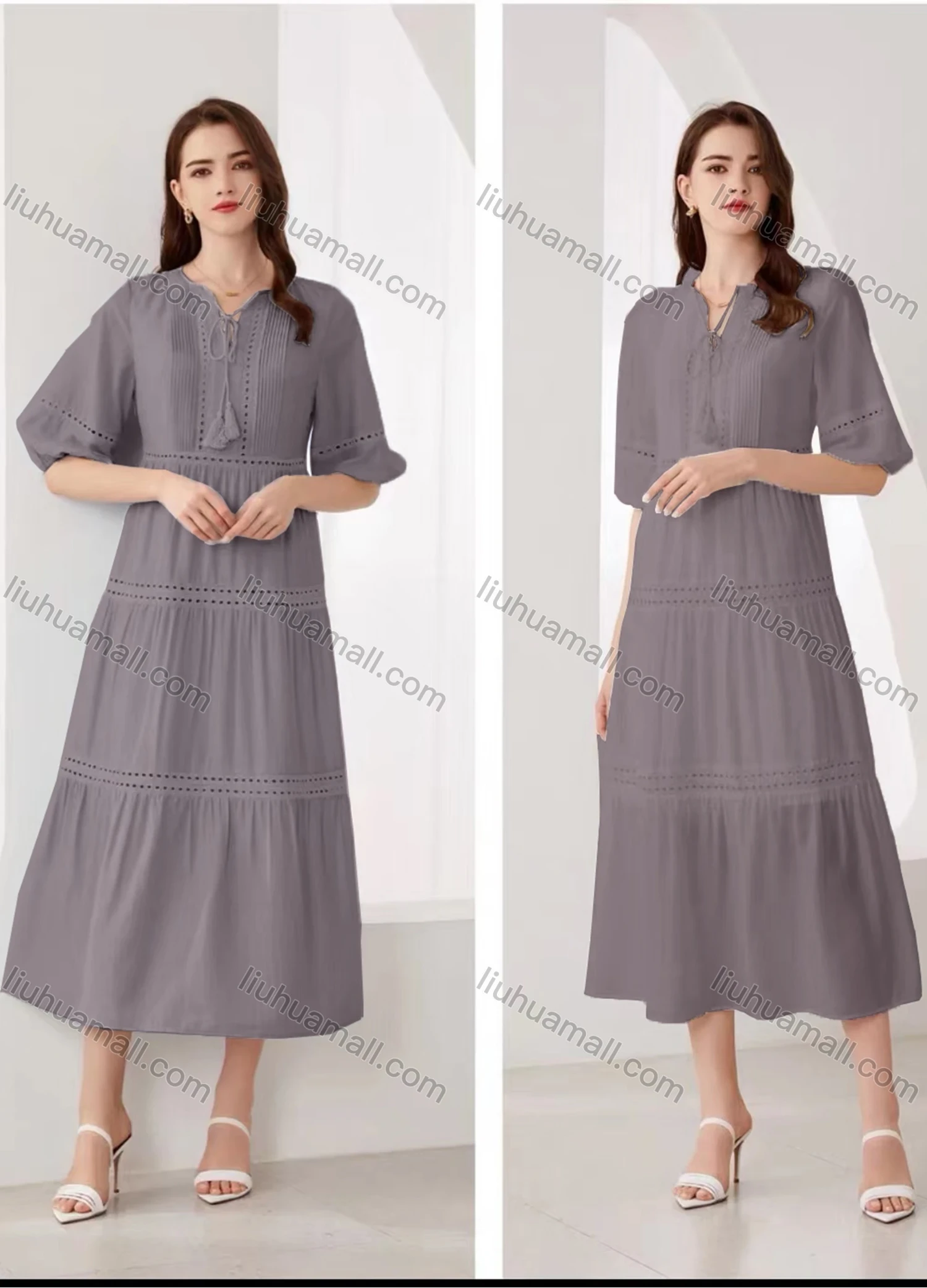 Wholesale Women's Elegant Plain Eyelet Embroidered Ruched Tie Neck Half Sleeve Midi Dress - Liuhuamall