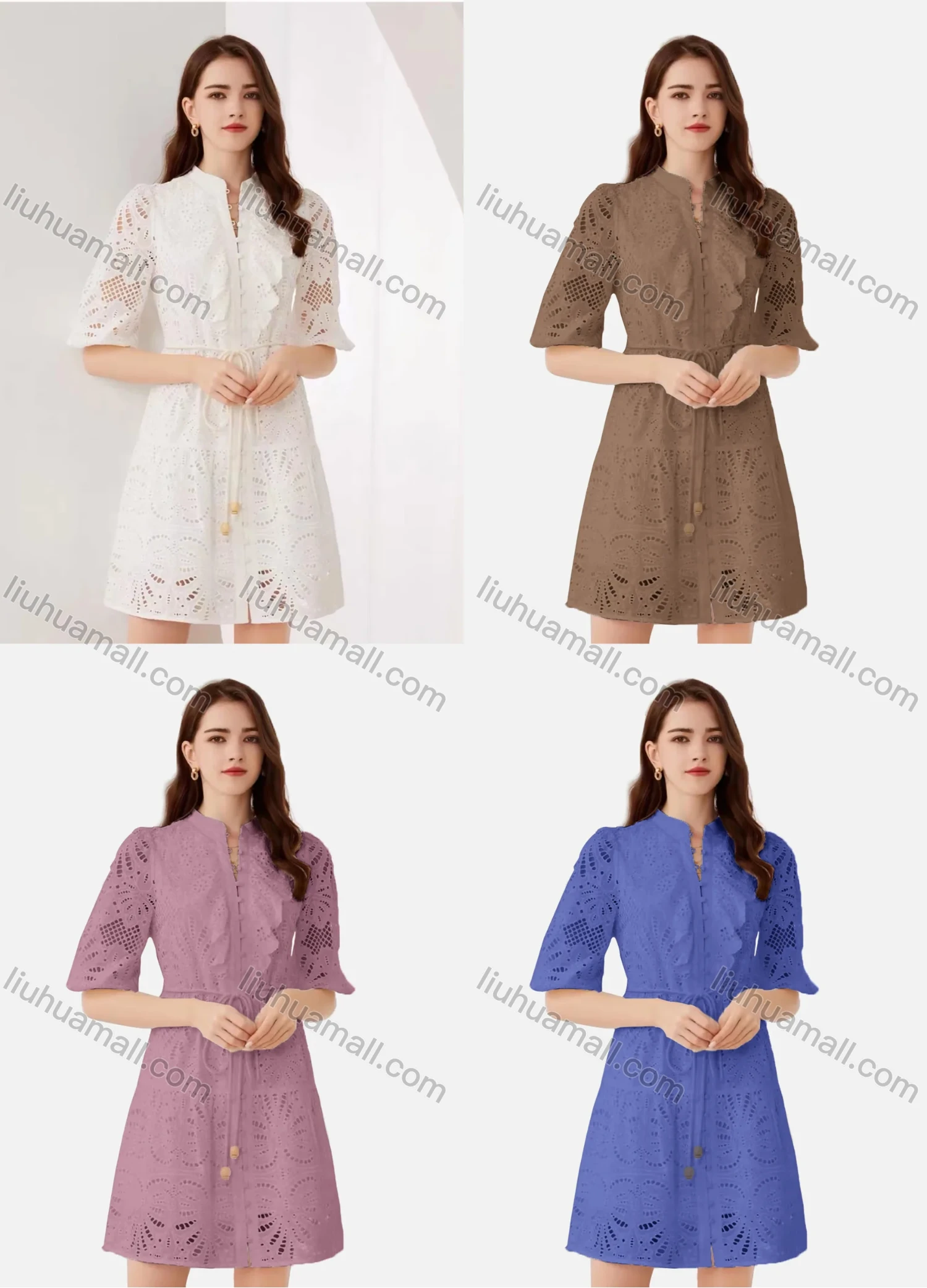 Wholesale Women's Elegant Plain Eyelet Embroidered Drawstring Button Down Mock Neck Half Sleeve Short Dress - Liuhuamall
