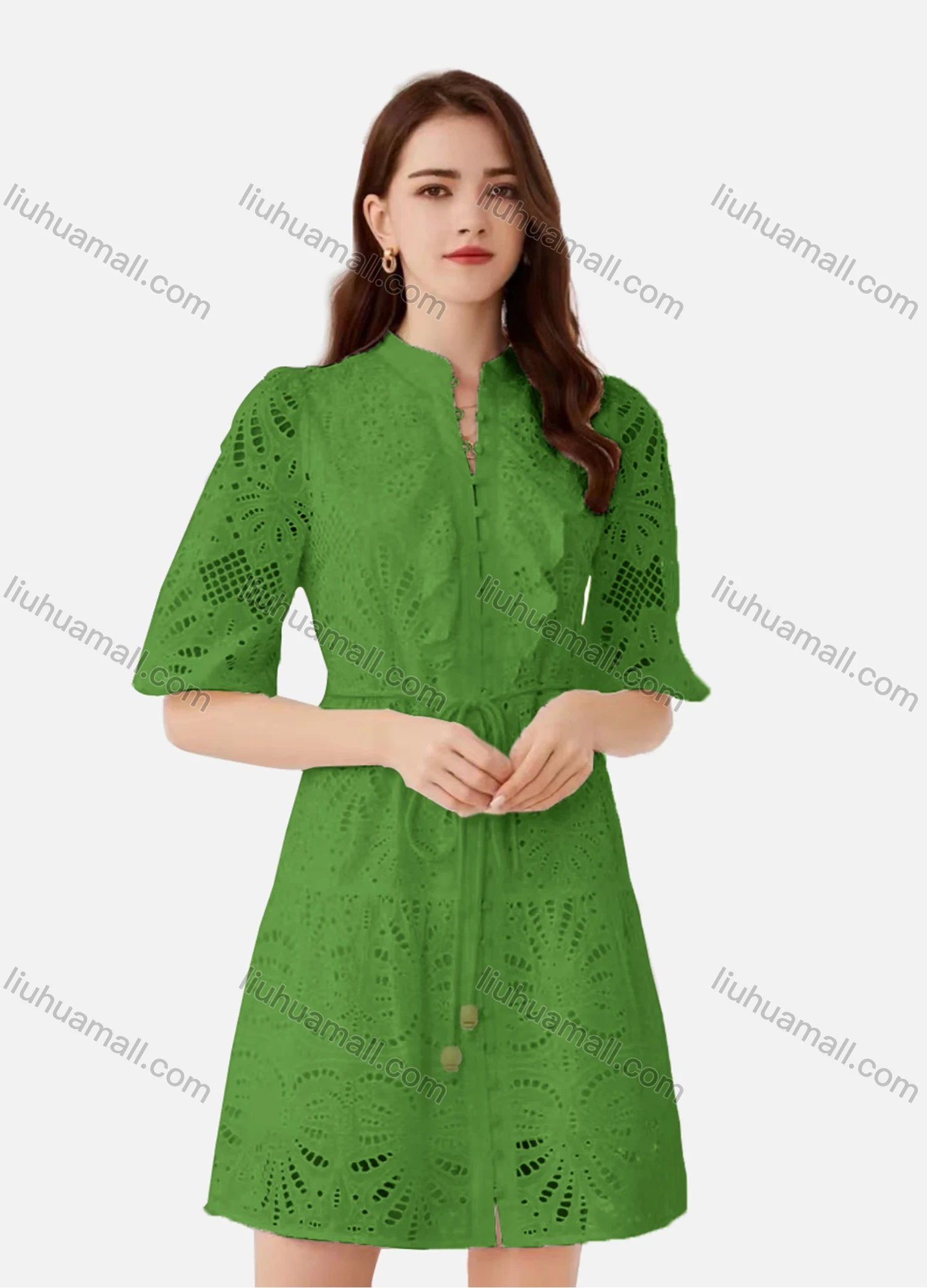 Wholesale Women's Elegant Plain Eyelet Embroidered Drawstring Button Down Mock Neck Half Sleeve Short Dress - Liuhuamall