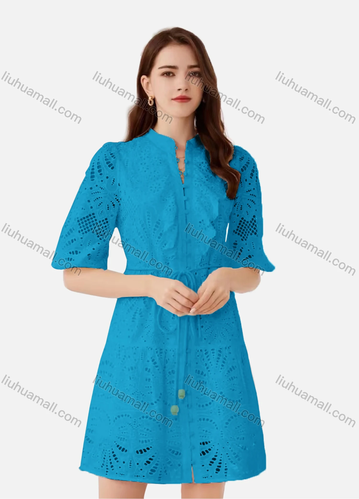 Wholesale Women's Elegant Plain Eyelet Embroidered Drawstring Button Down Mock Neck Half Sleeve Short Dress - Liuhuamall