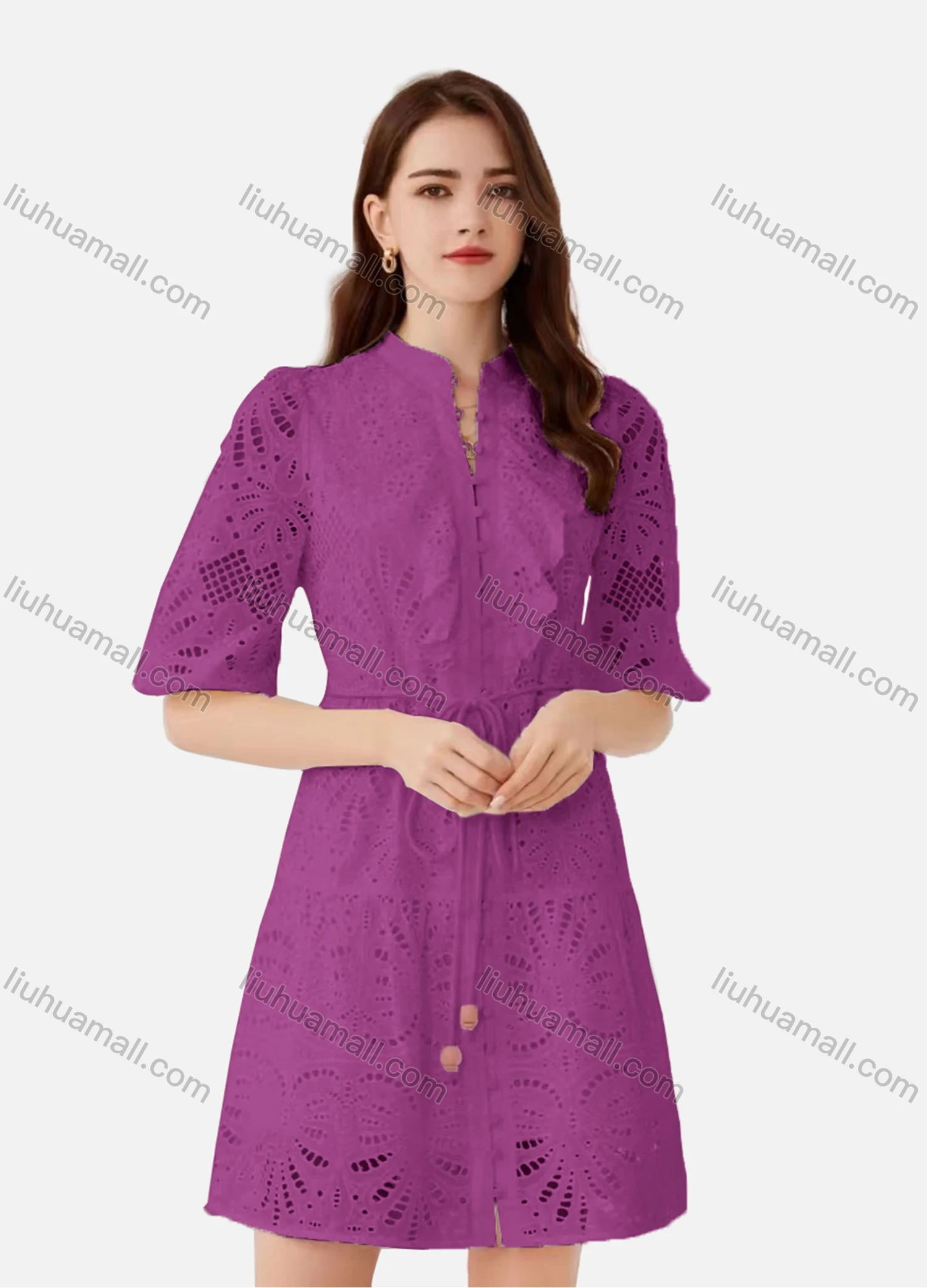Wholesale Women's Elegant Plain Eyelet Embroidered Drawstring Button Down Mock Neck Half Sleeve Short Dress - Liuhuamall
