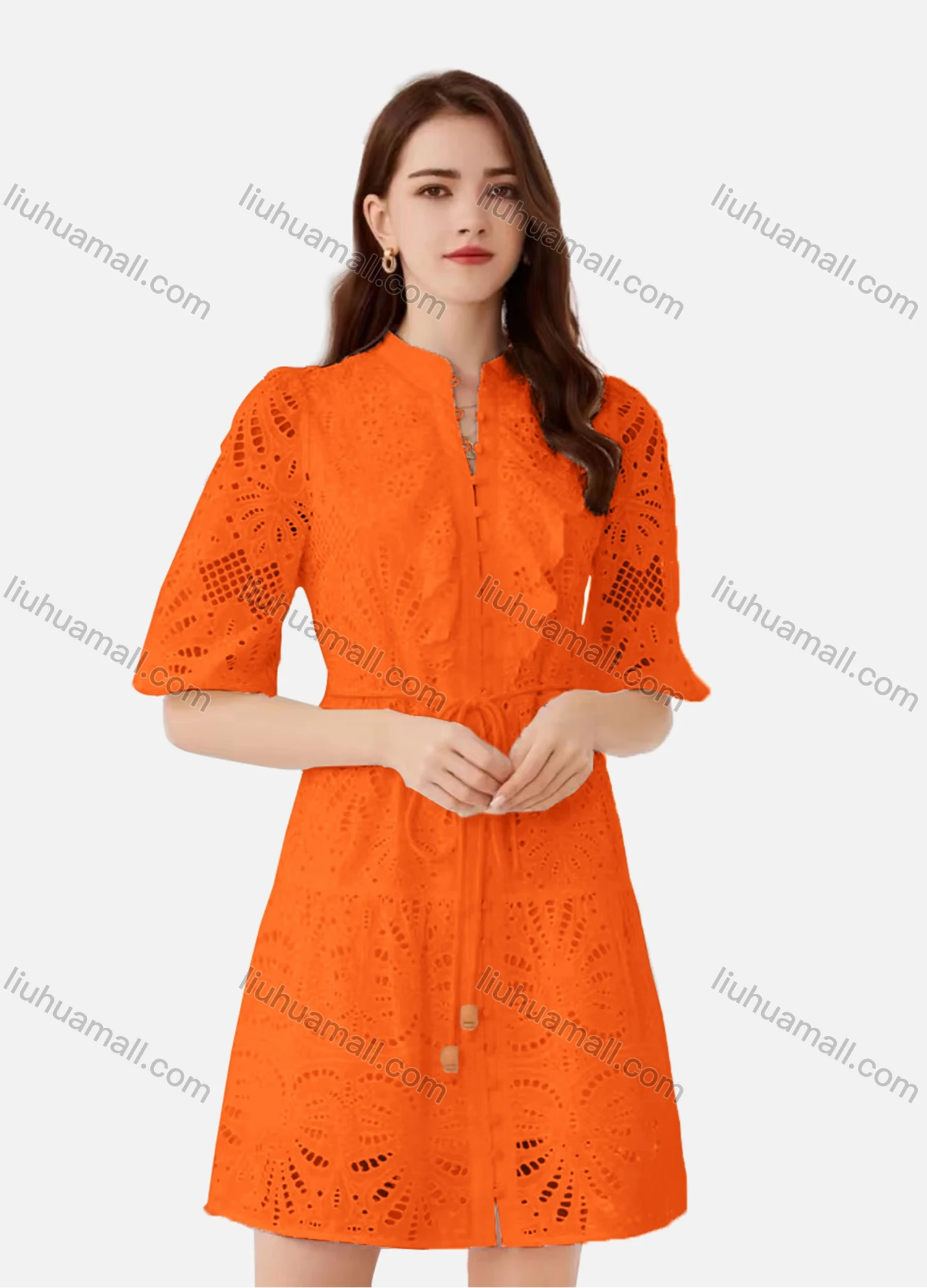 Wholesale Women's Elegant Plain Eyelet Embroidered Drawstring Button Down Mock Neck Half Sleeve Short Dress - Liuhuamall