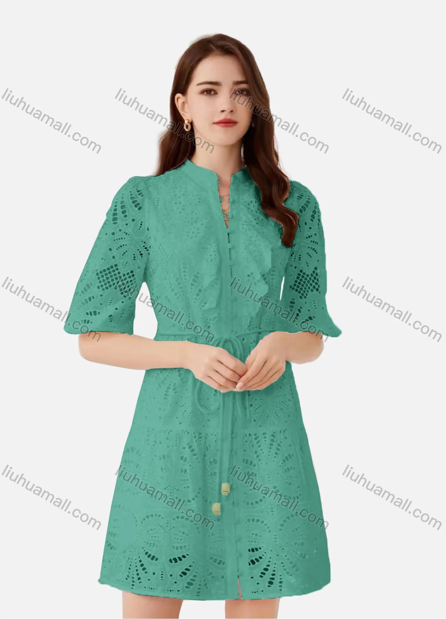 Wholesale Women's Elegant Plain Eyelet Embroidered Drawstring Button Down Mock Neck Half Sleeve Short Dress - Liuhuamall