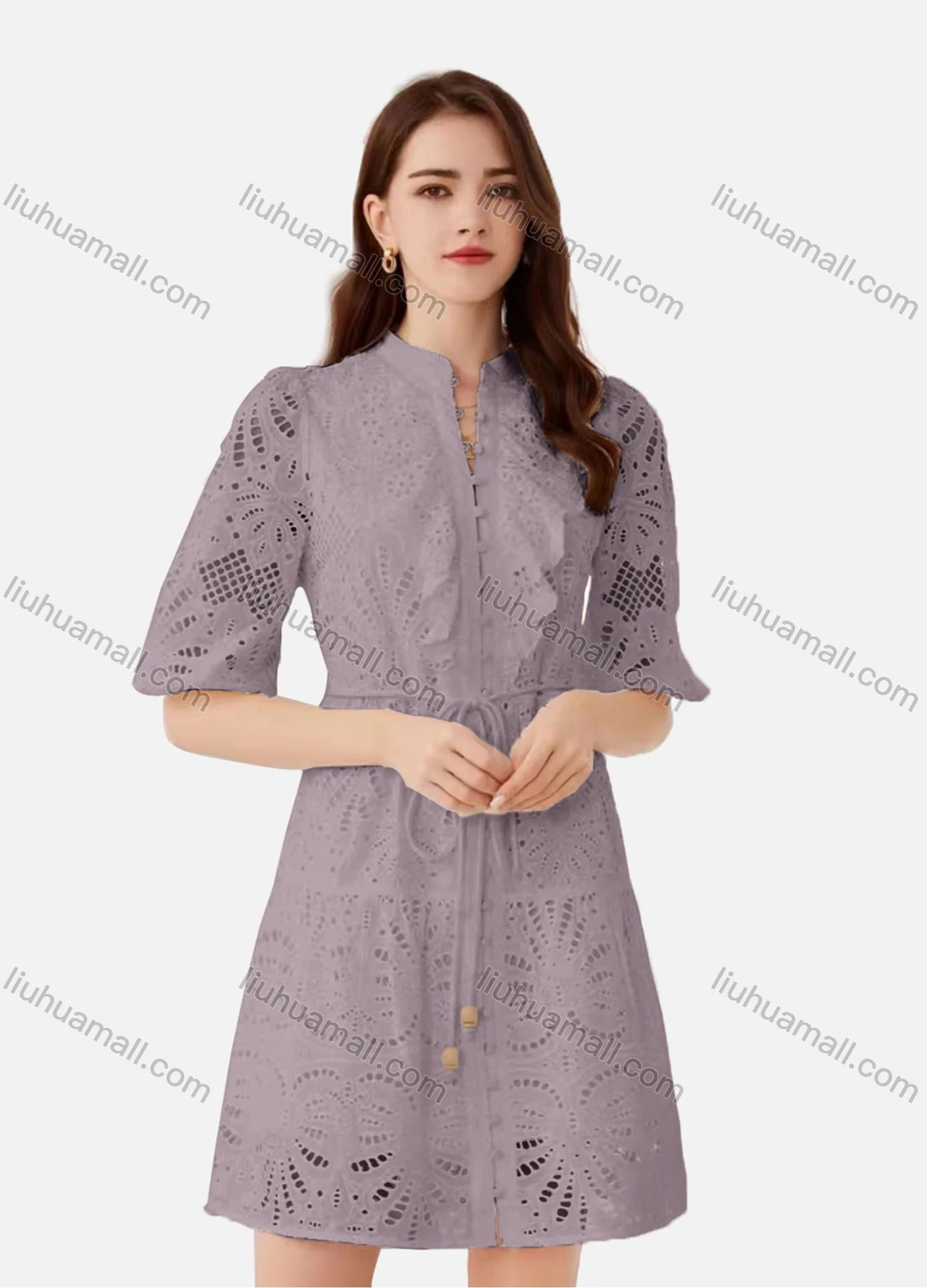 Wholesale Women's Elegant Plain Eyelet Embroidered Drawstring Button Down Mock Neck Half Sleeve Short Dress - Liuhuamall