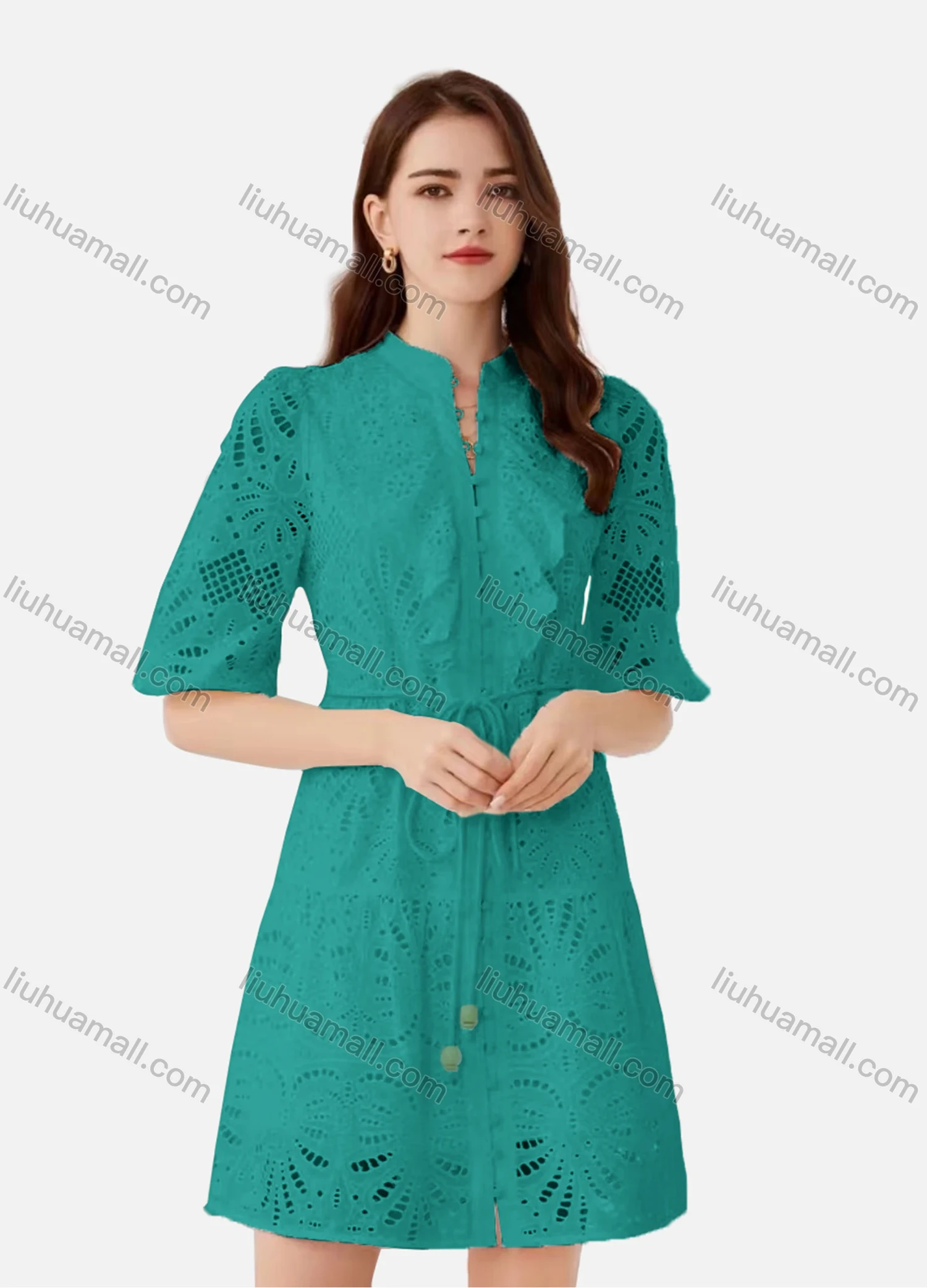Wholesale Women's Elegant Plain Eyelet Embroidered Drawstring Button Down Mock Neck Half Sleeve Short Dress - Liuhuamall