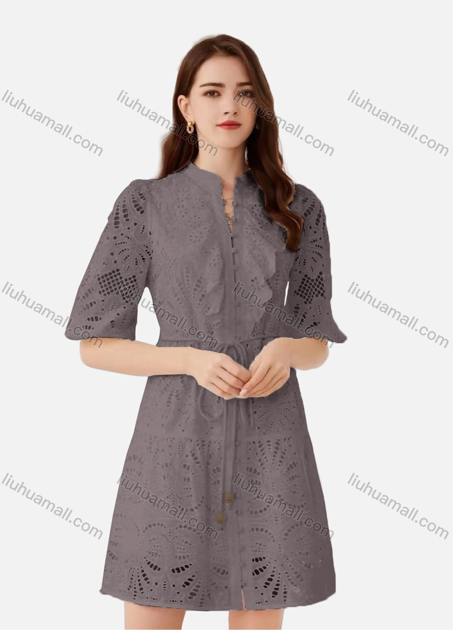 Wholesale Women's Elegant Plain Eyelet Embroidered Drawstring Button Down Mock Neck Half Sleeve Short Dress - Liuhuamall
