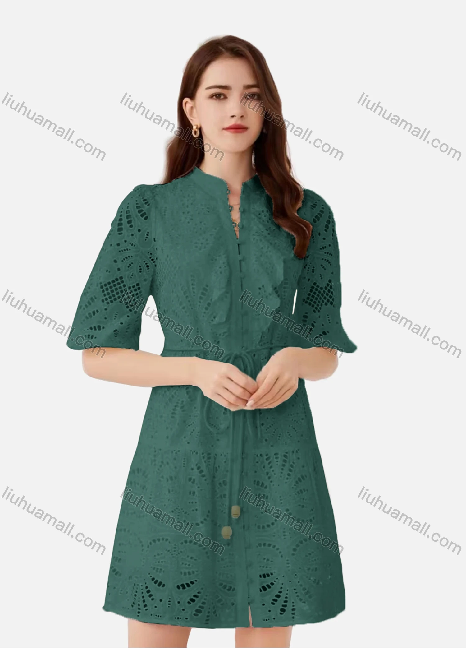 Wholesale Women's Elegant Plain Eyelet Embroidered Drawstring Button Down Mock Neck Half Sleeve Short Dress - Liuhuamall