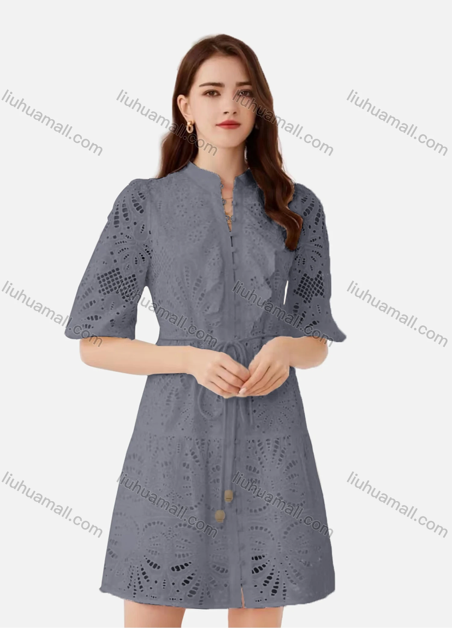 Wholesale Women's Elegant Plain Eyelet Embroidered Drawstring Button Down Mock Neck Half Sleeve Short Dress - Liuhuamall