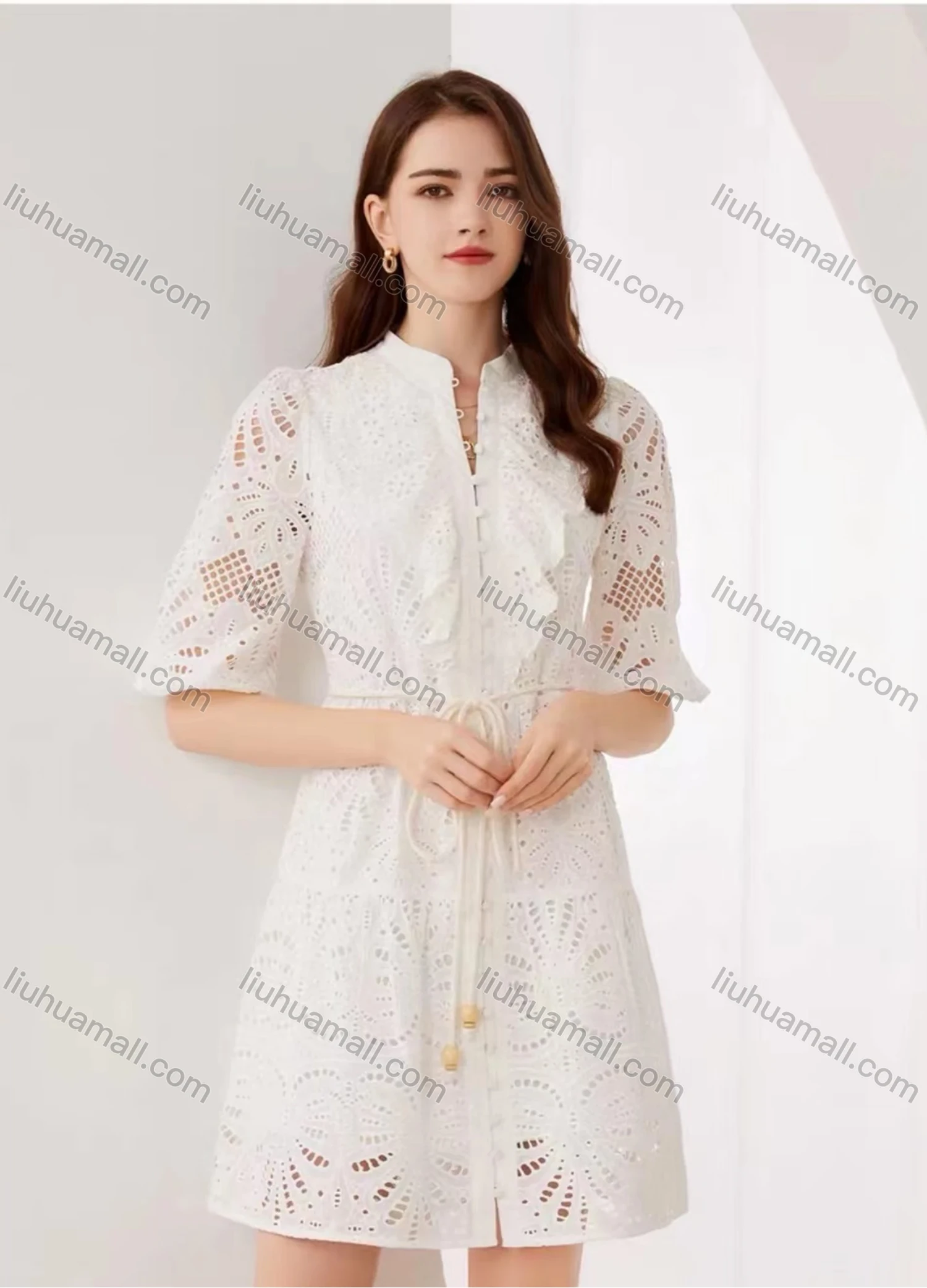 Wholesale Women's Elegant Plain Eyelet Embroidered Drawstring Button Down Mock Neck Half Sleeve Short Dress - Liuhuamall