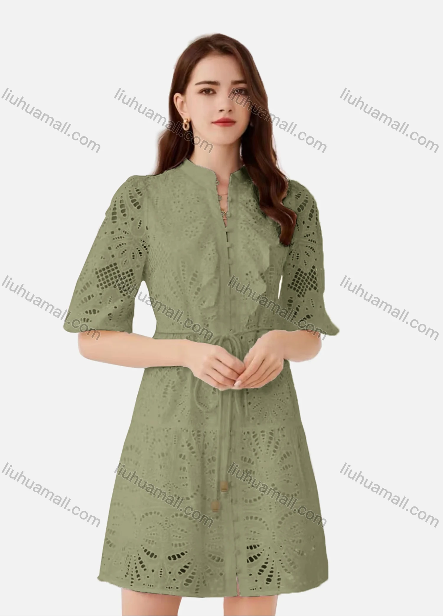 Wholesale Women's Elegant Plain Eyelet Embroidered Drawstring Button Down Mock Neck Half Sleeve Short Dress - Liuhuamall