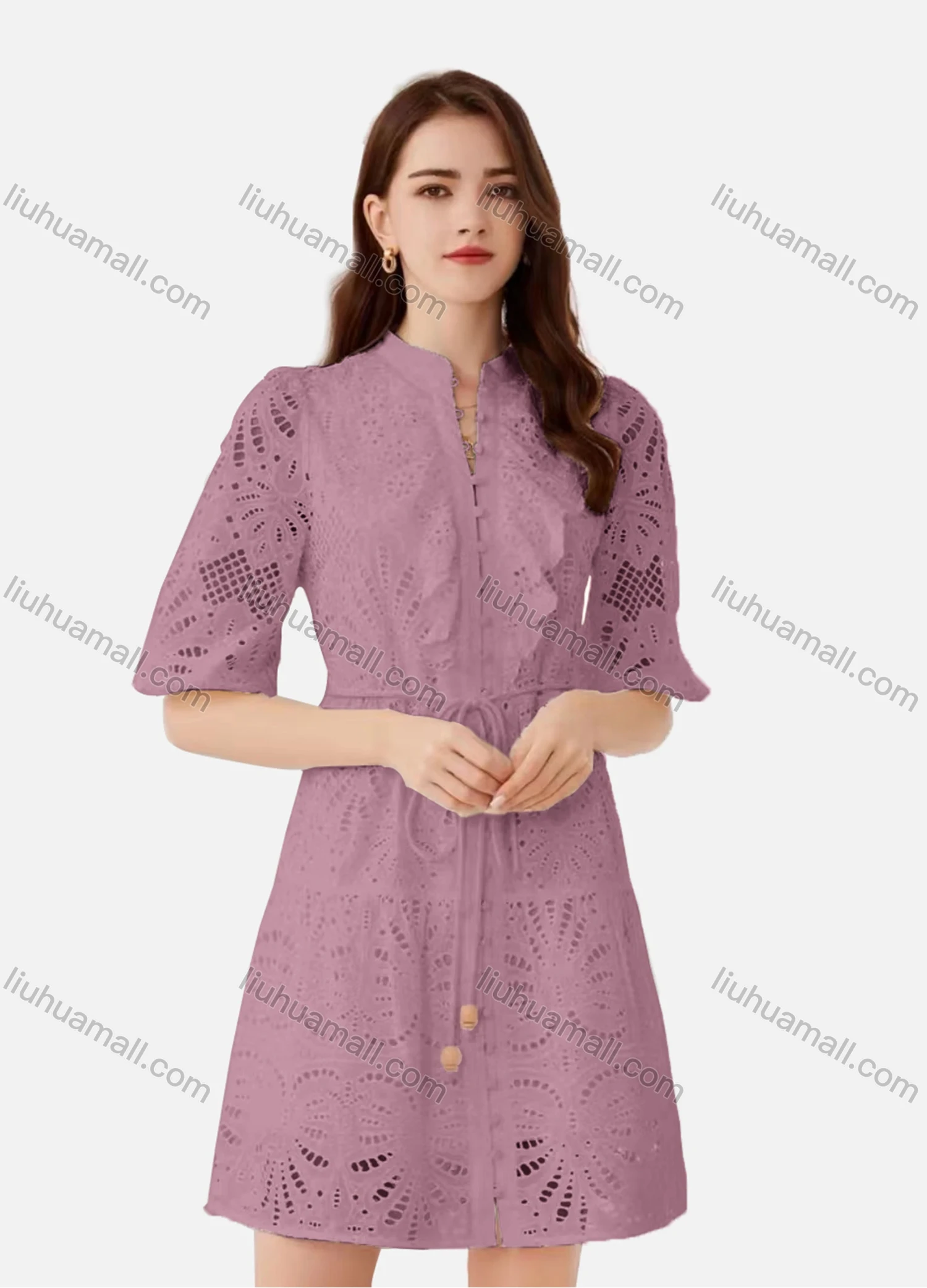 Wholesale Women's Elegant Plain Eyelet Embroidered Drawstring Button Down Mock Neck Half Sleeve Short Dress - Liuhuamall