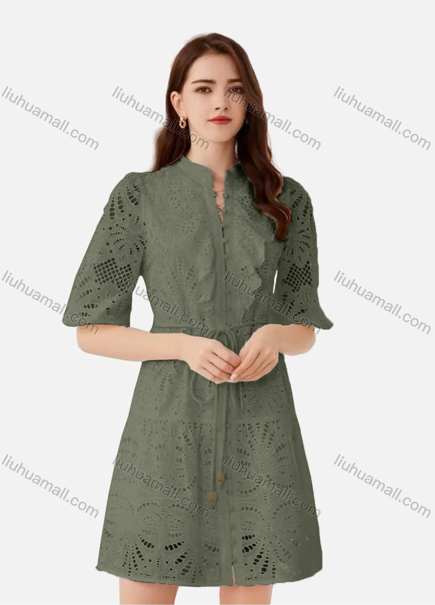 Wholesale Women's Elegant Plain Eyelet Embroidered Drawstring Button Down Mock Neck Half Sleeve Short Dress - Liuhuamall
