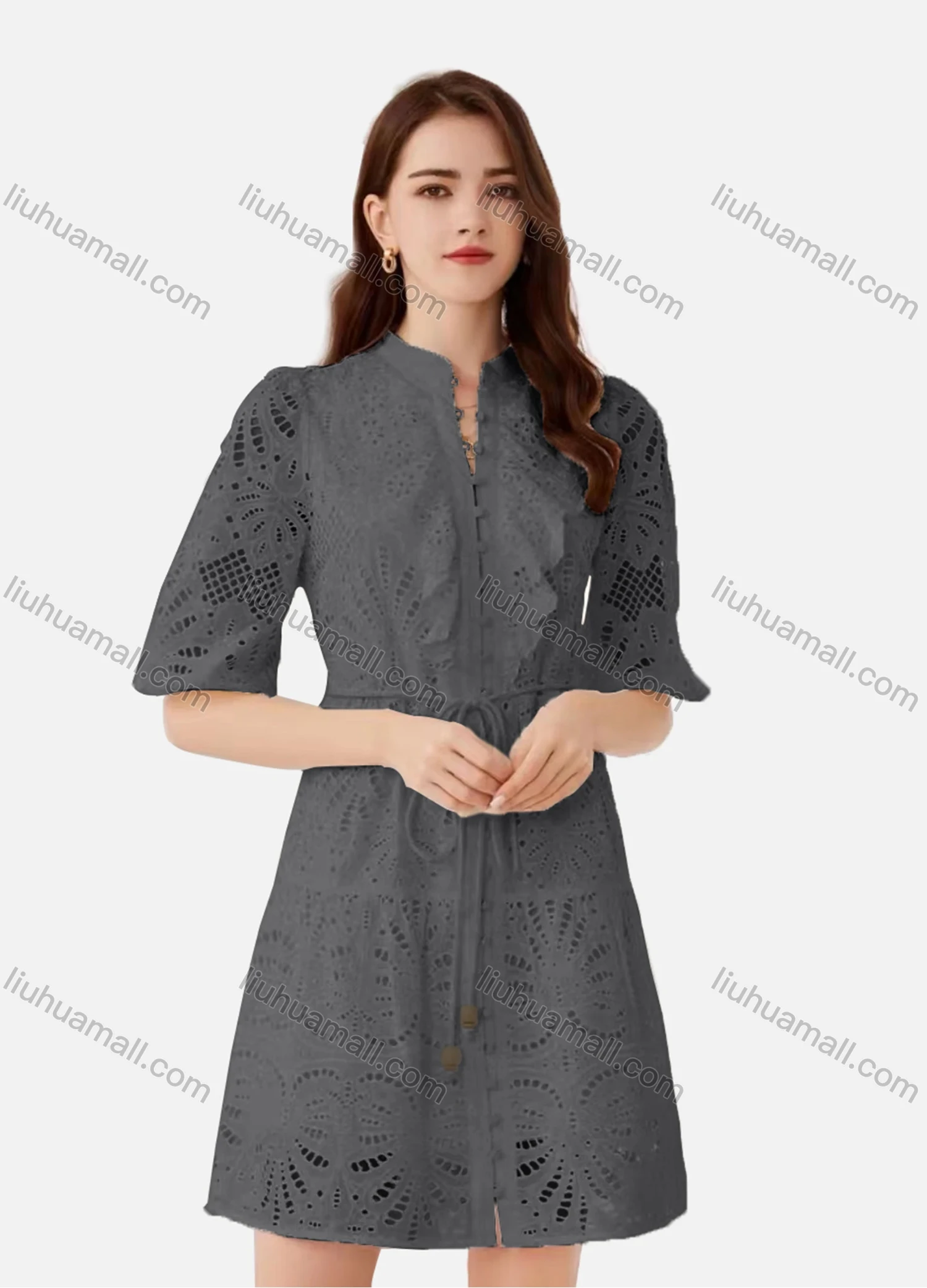 Wholesale Women's Elegant Plain Eyelet Embroidered Drawstring Button Down Mock Neck Half Sleeve Short Dress - Liuhuamall