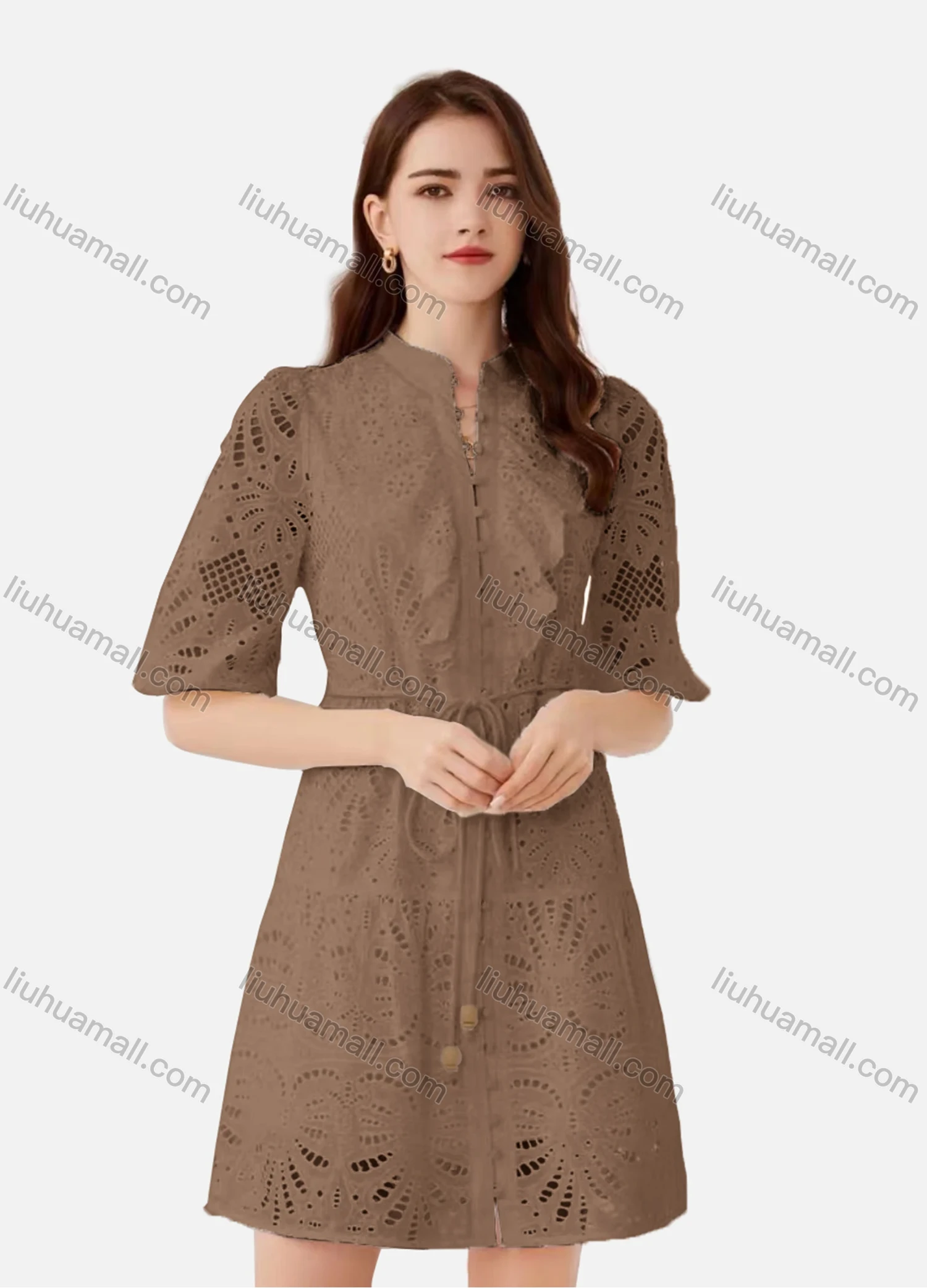 Wholesale Women's Elegant Plain Eyelet Embroidered Drawstring Button Down Mock Neck Half Sleeve Short Dress - Liuhuamall