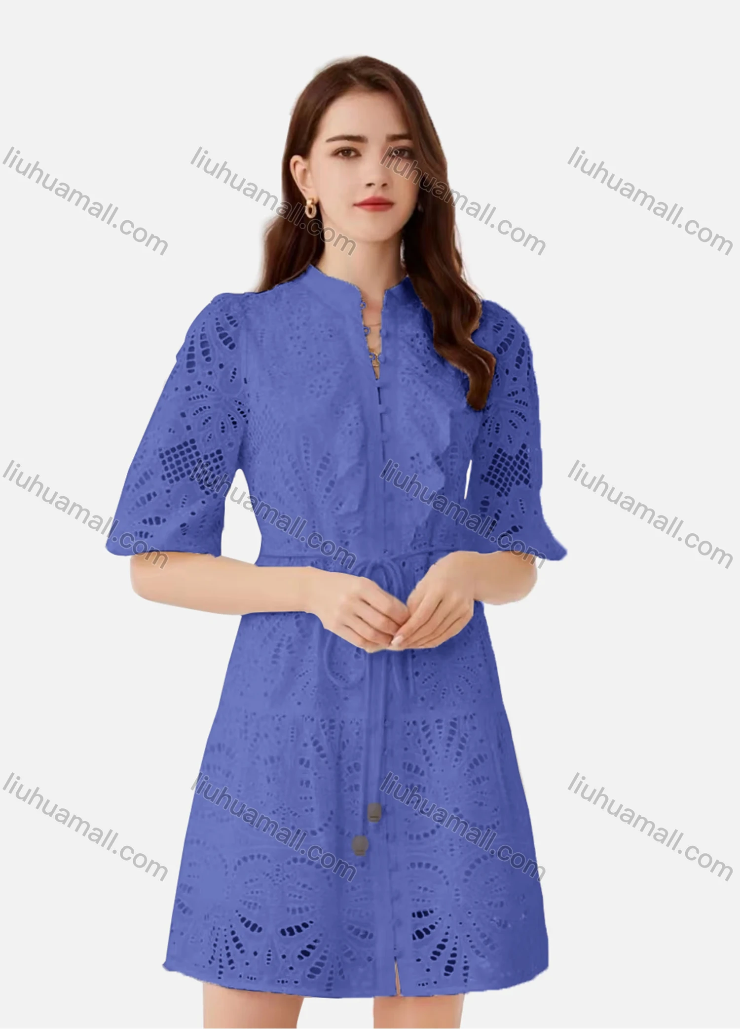 Wholesale Women's Elegant Plain Eyelet Embroidered Drawstring Button Down Mock Neck Half Sleeve Short Dress - Liuhuamall