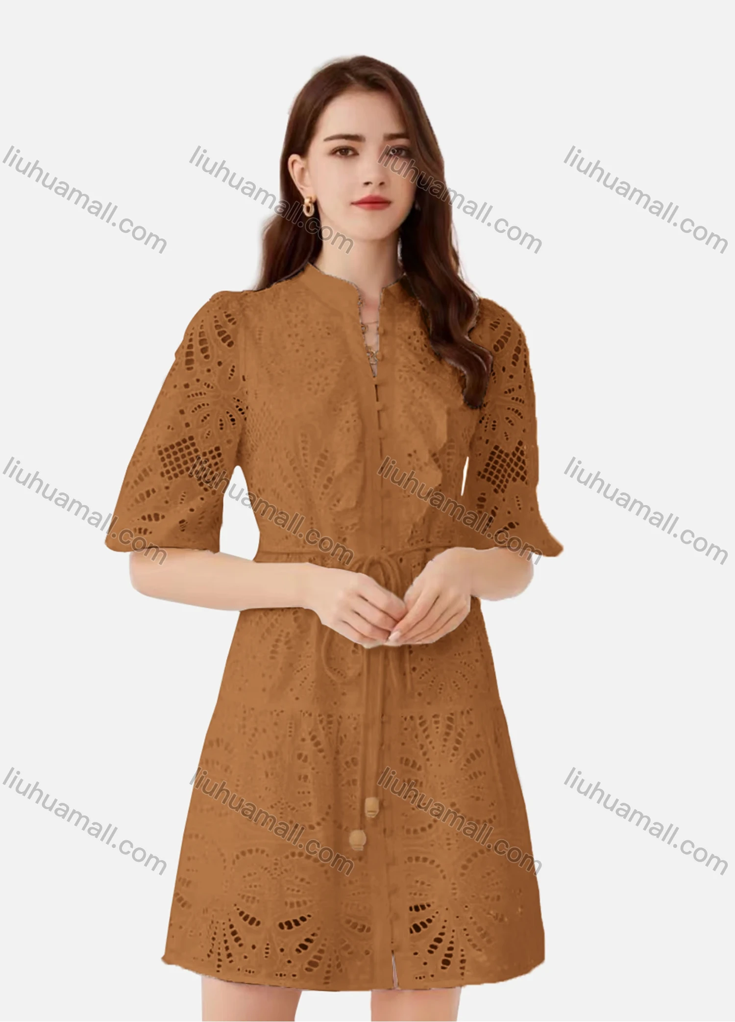 Wholesale Women's Elegant Plain Eyelet Embroidered Drawstring Button Down Mock Neck Half Sleeve Short Dress - Liuhuamall
