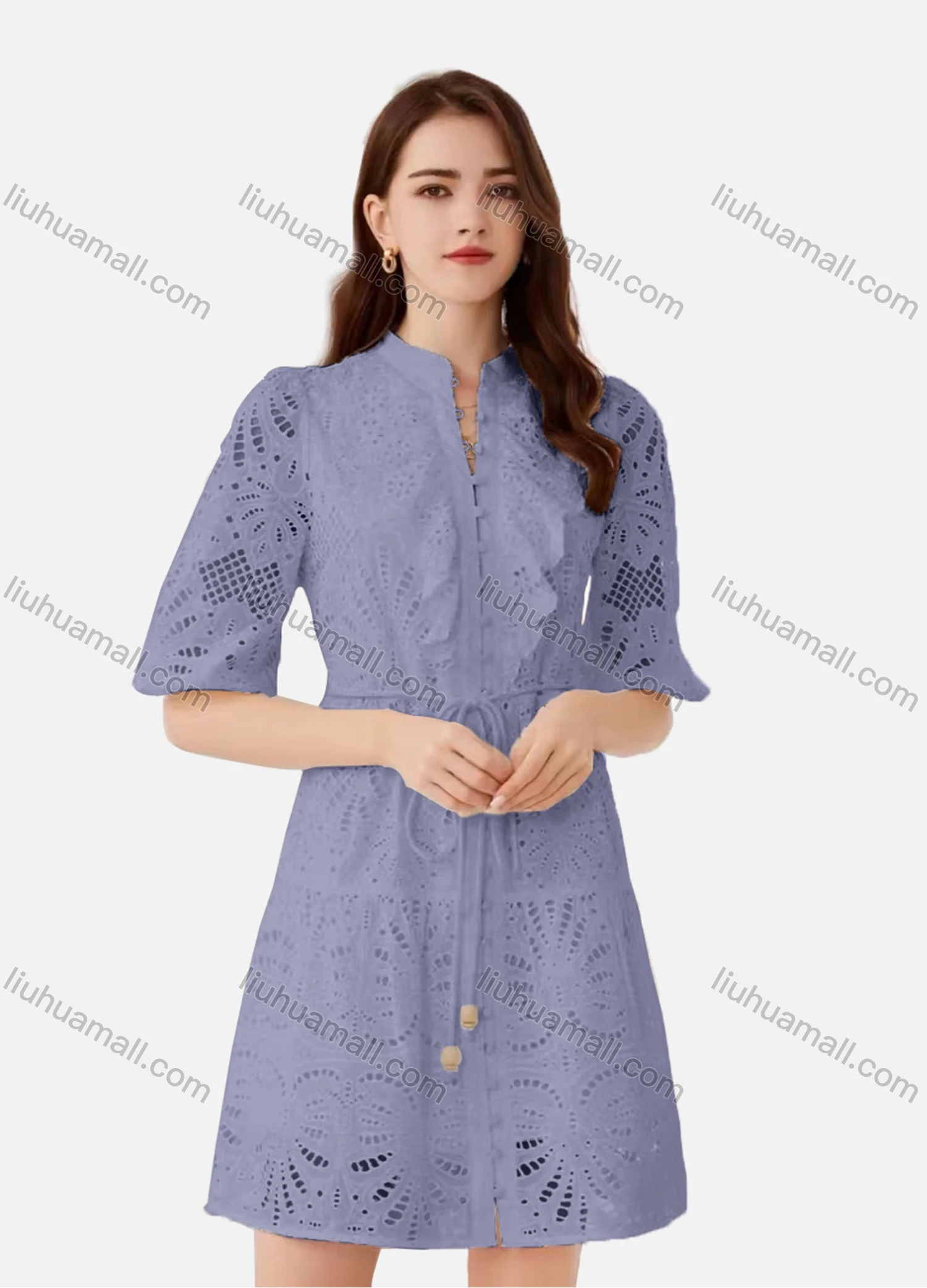 Wholesale Women's Elegant Plain Eyelet Embroidered Drawstring Button Down Mock Neck Half Sleeve Short Dress - Liuhuamall