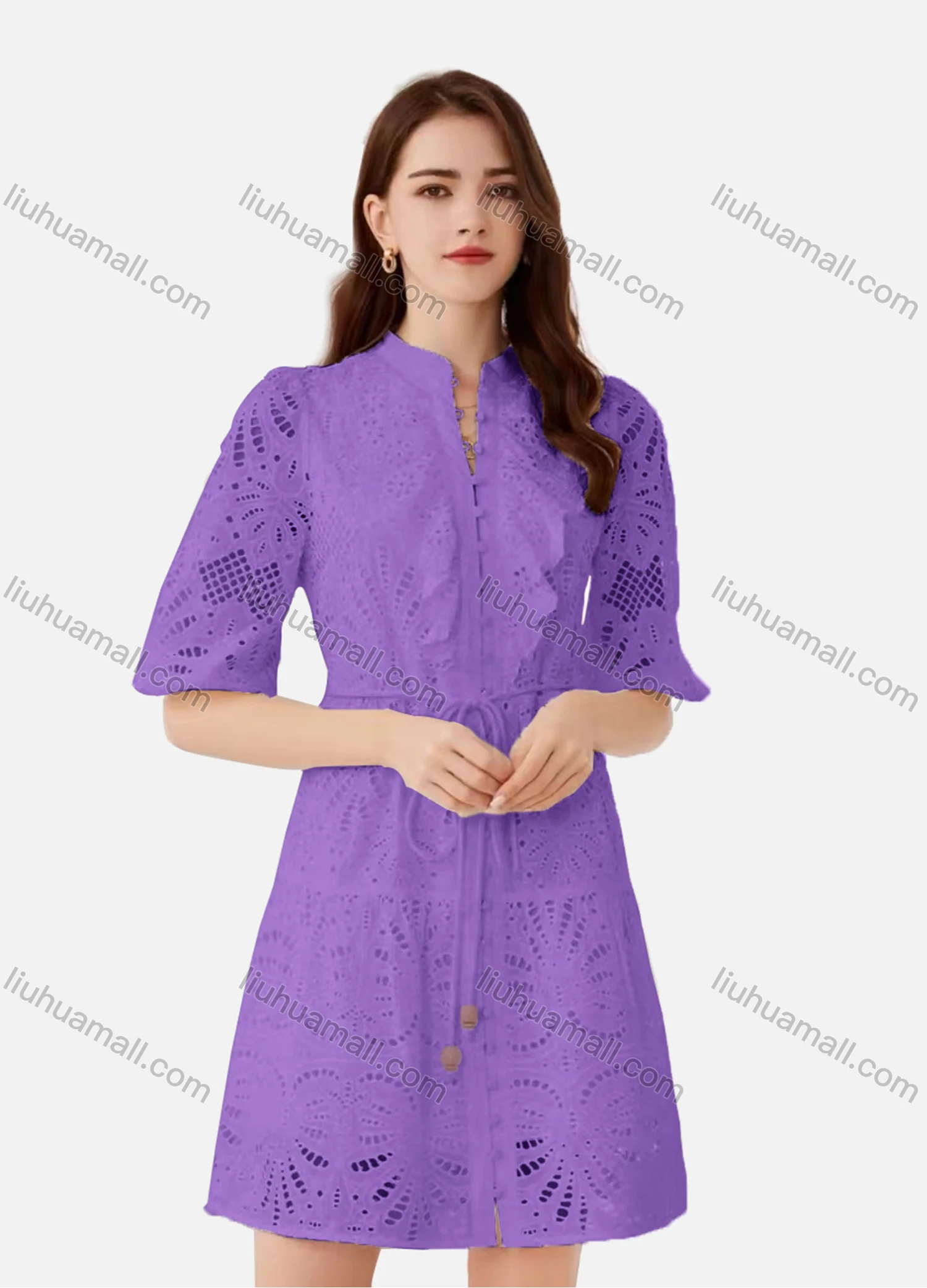 Wholesale Women's Elegant Plain Eyelet Embroidered Drawstring Button Down Mock Neck Half Sleeve Short Dress - Liuhuamall