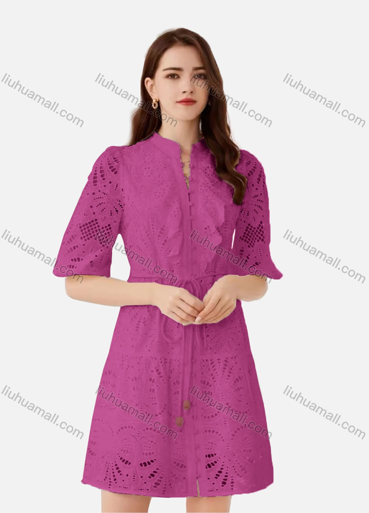 Wholesale Women's Elegant Plain Eyelet Embroidered Drawstring Button Down Mock Neck Half Sleeve Short Dress - Liuhuamall