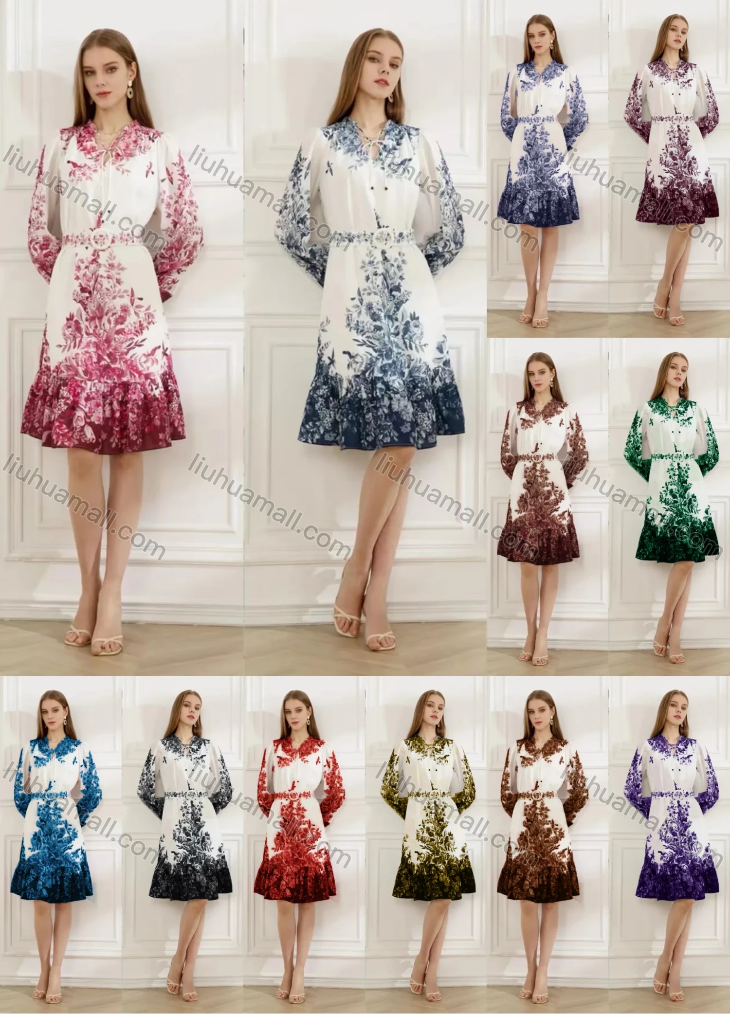 Wholesale Women's Elegant Floral Ruffle Hem Tie Neck Long Sleeve Knee Length Dress With Belt - Liuhuamall