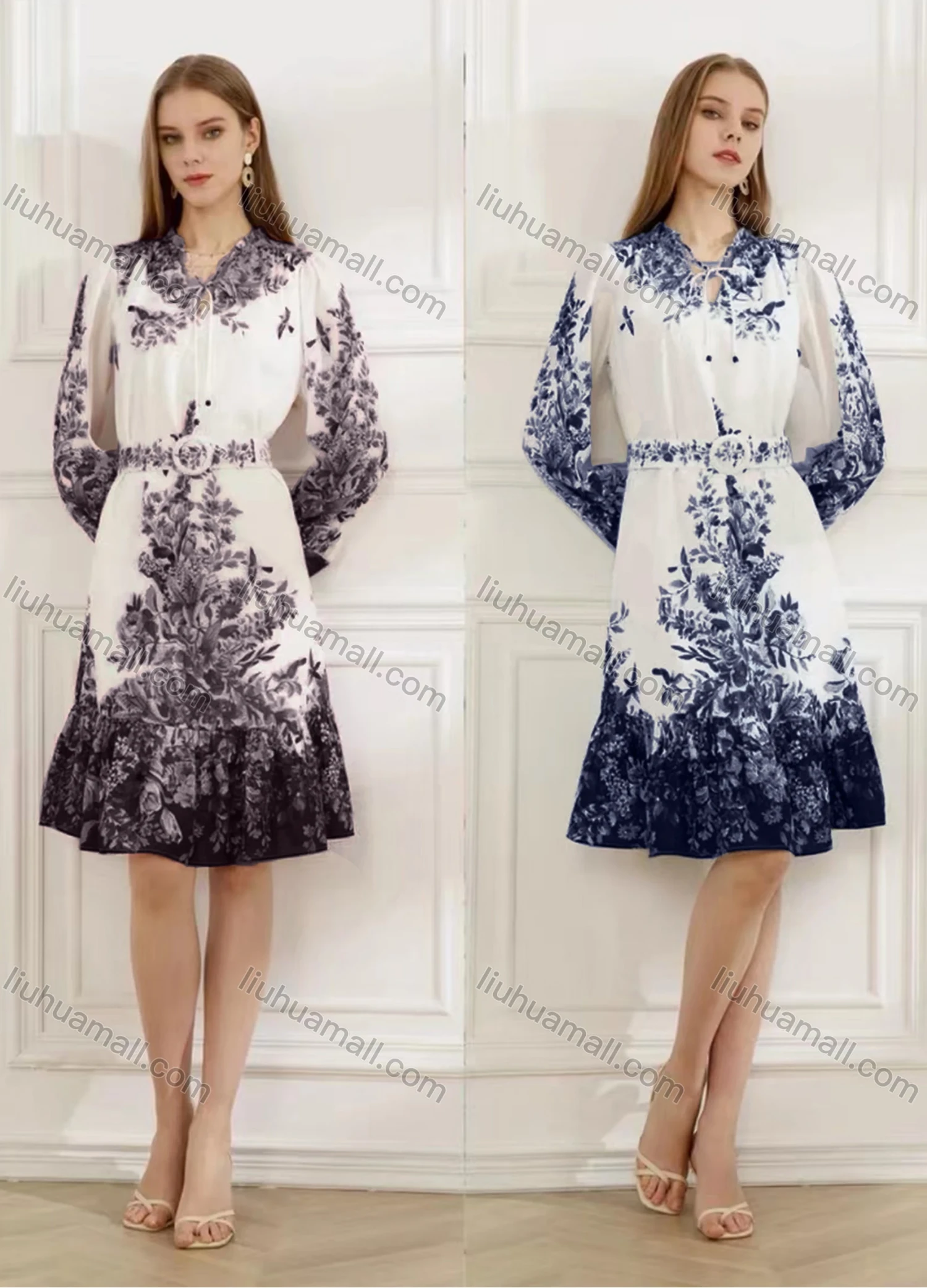 Wholesale Women's Elegant Floral Ruffle Hem Tie Neck Long Sleeve Knee Length Dress With Belt - Liuhuamall