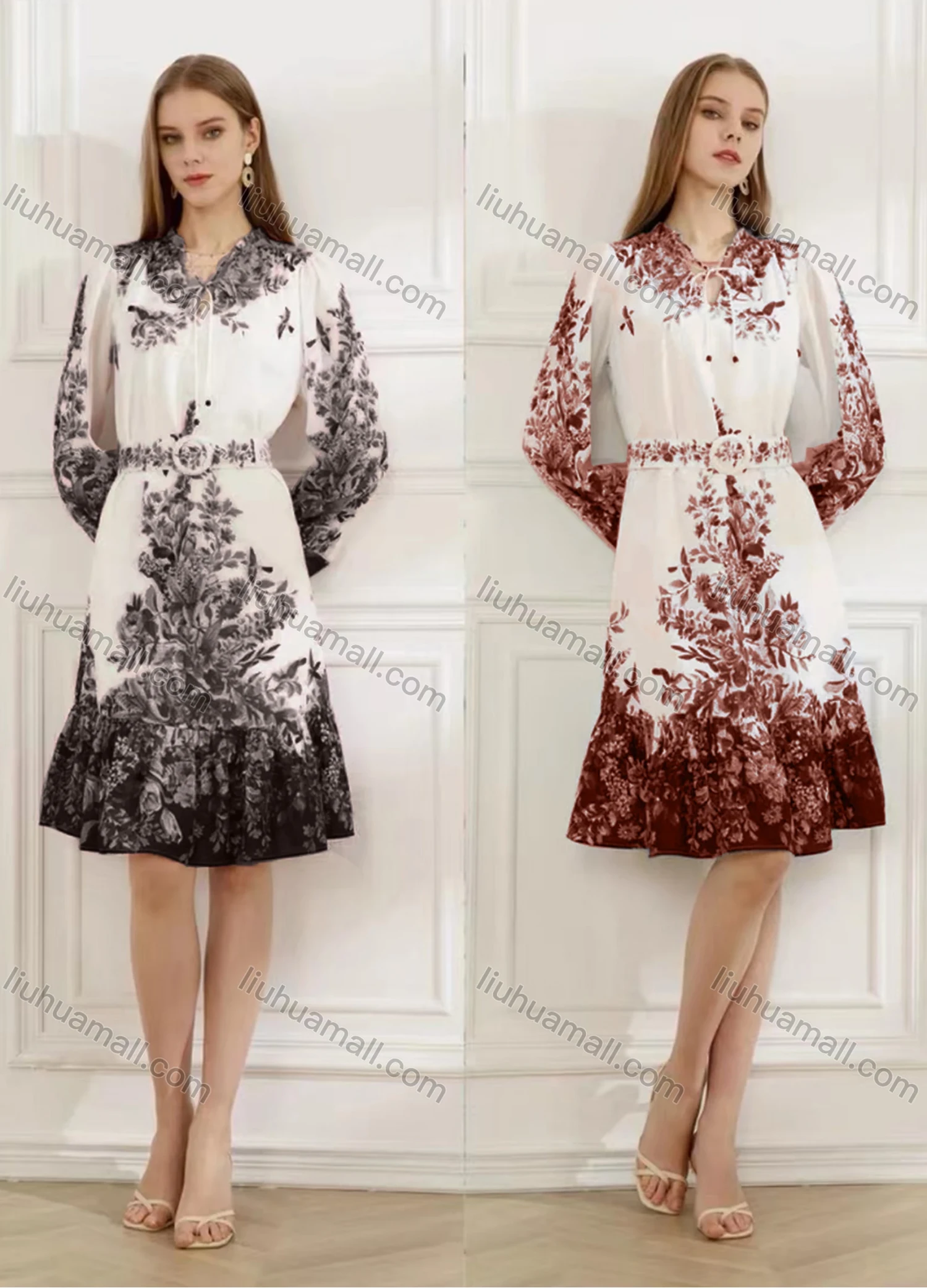 Wholesale Women's Elegant Floral Ruffle Hem Tie Neck Long Sleeve Knee Length Dress With Belt - Liuhuamall