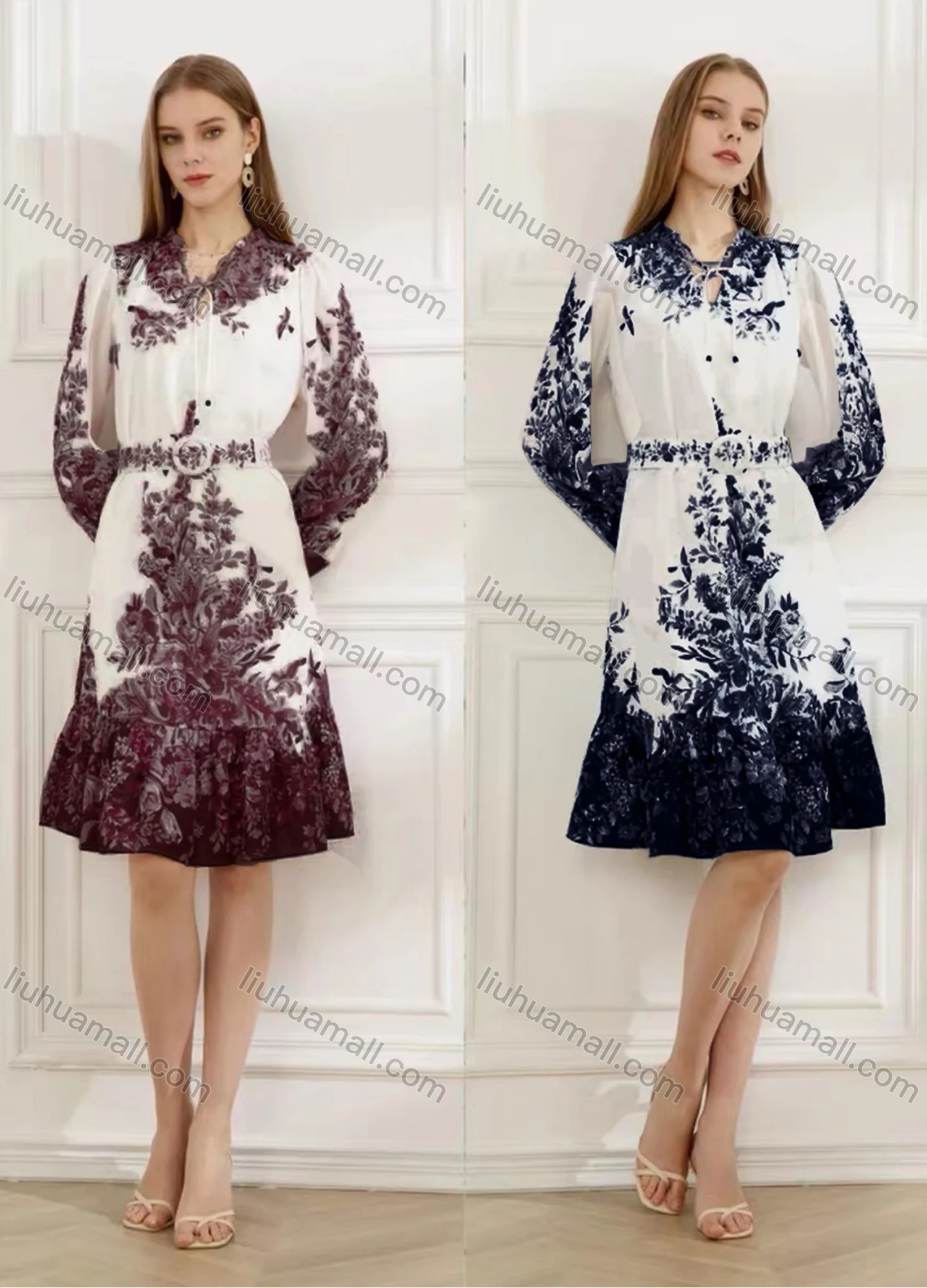 Wholesale Women's Elegant Floral Ruffle Hem Tie Neck Long Sleeve Knee Length Dress With Belt - Liuhuamall