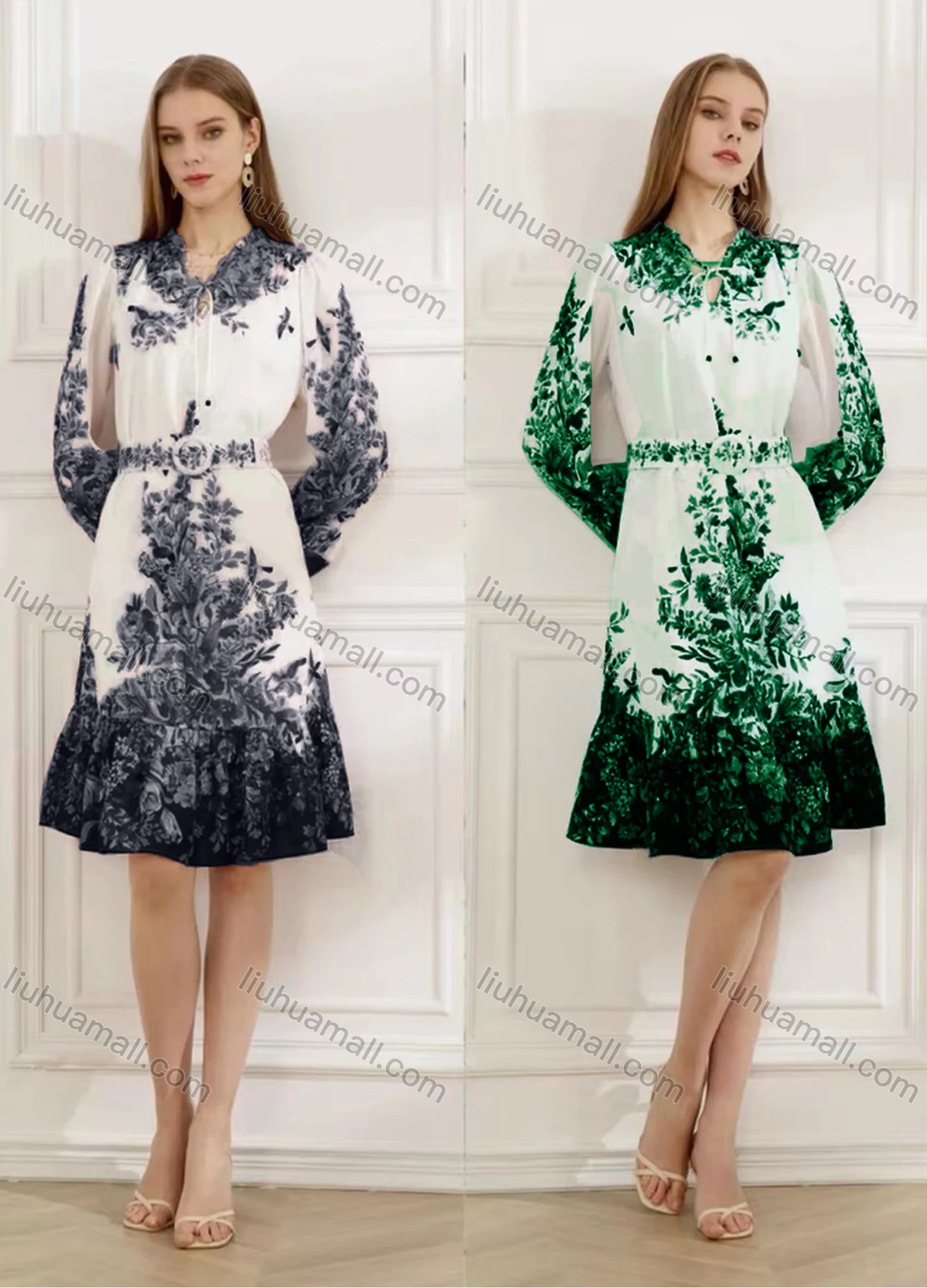 Wholesale Women's Elegant Floral Ruffle Hem Tie Neck Long Sleeve Knee Length Dress With Belt - Liuhuamall