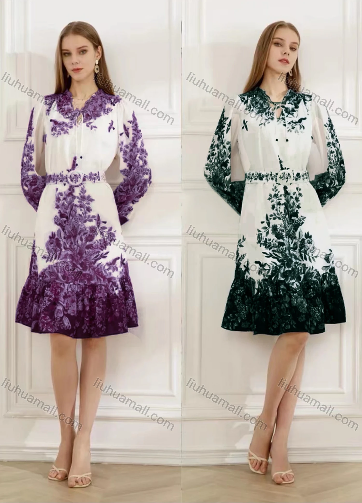 Wholesale Women's Elegant Floral Ruffle Hem Tie Neck Long Sleeve Knee Length Dress With Belt - Liuhuamall
