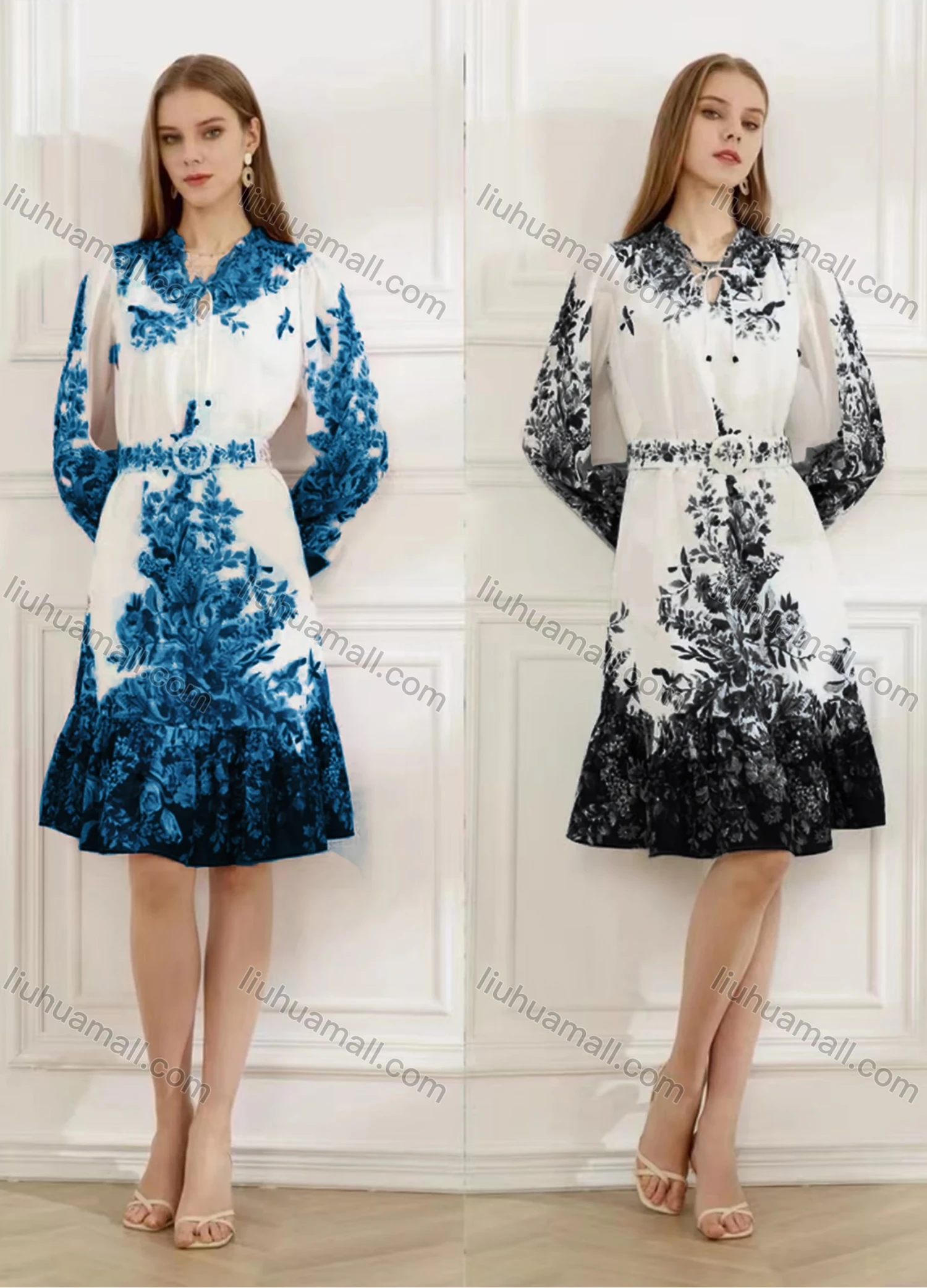 Wholesale Women's Elegant Floral Ruffle Hem Tie Neck Long Sleeve Knee Length Dress With Belt - Liuhuamall